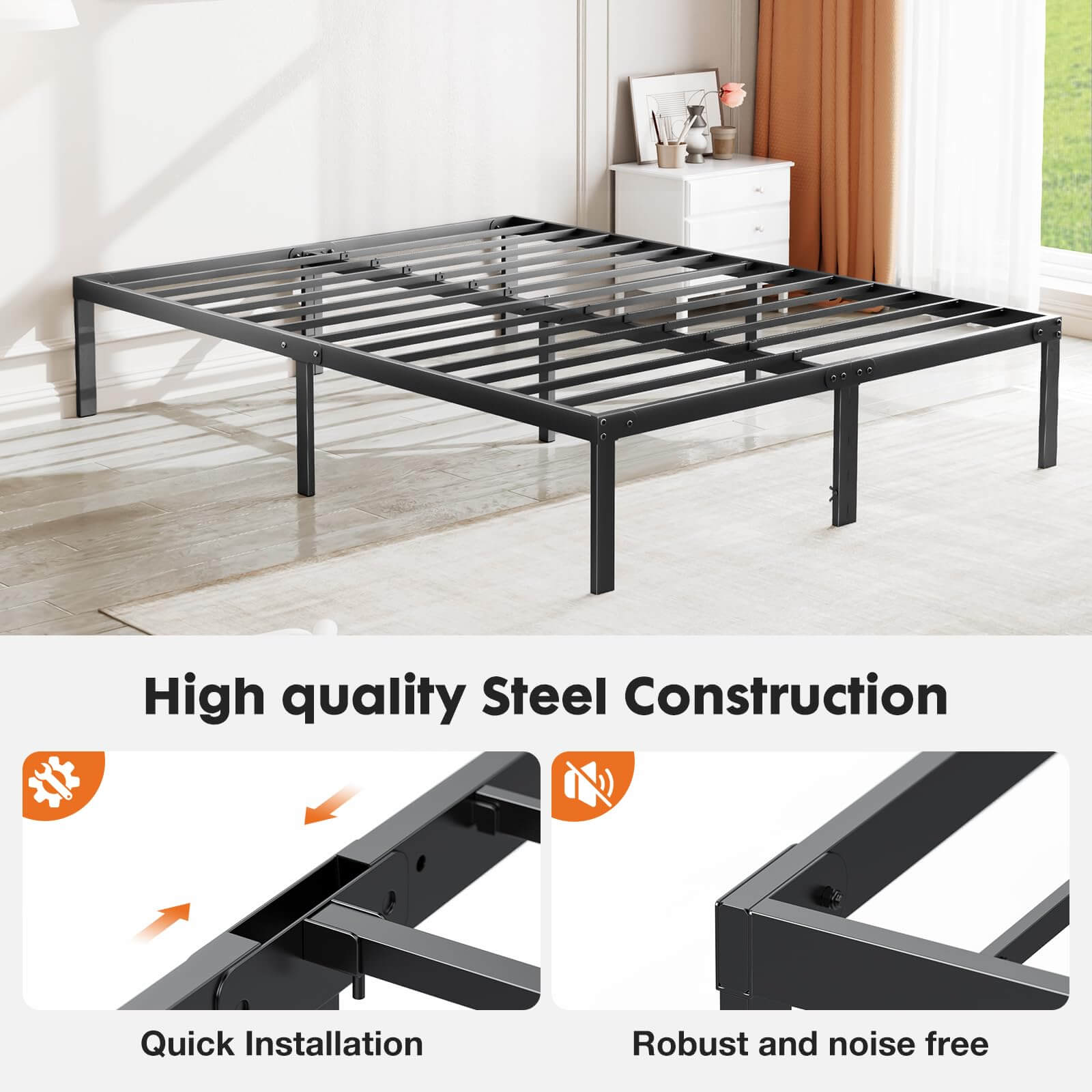 Heavy Duty Metal Bed Frame With Sturdy Steel Slat Support, Full Black Iron