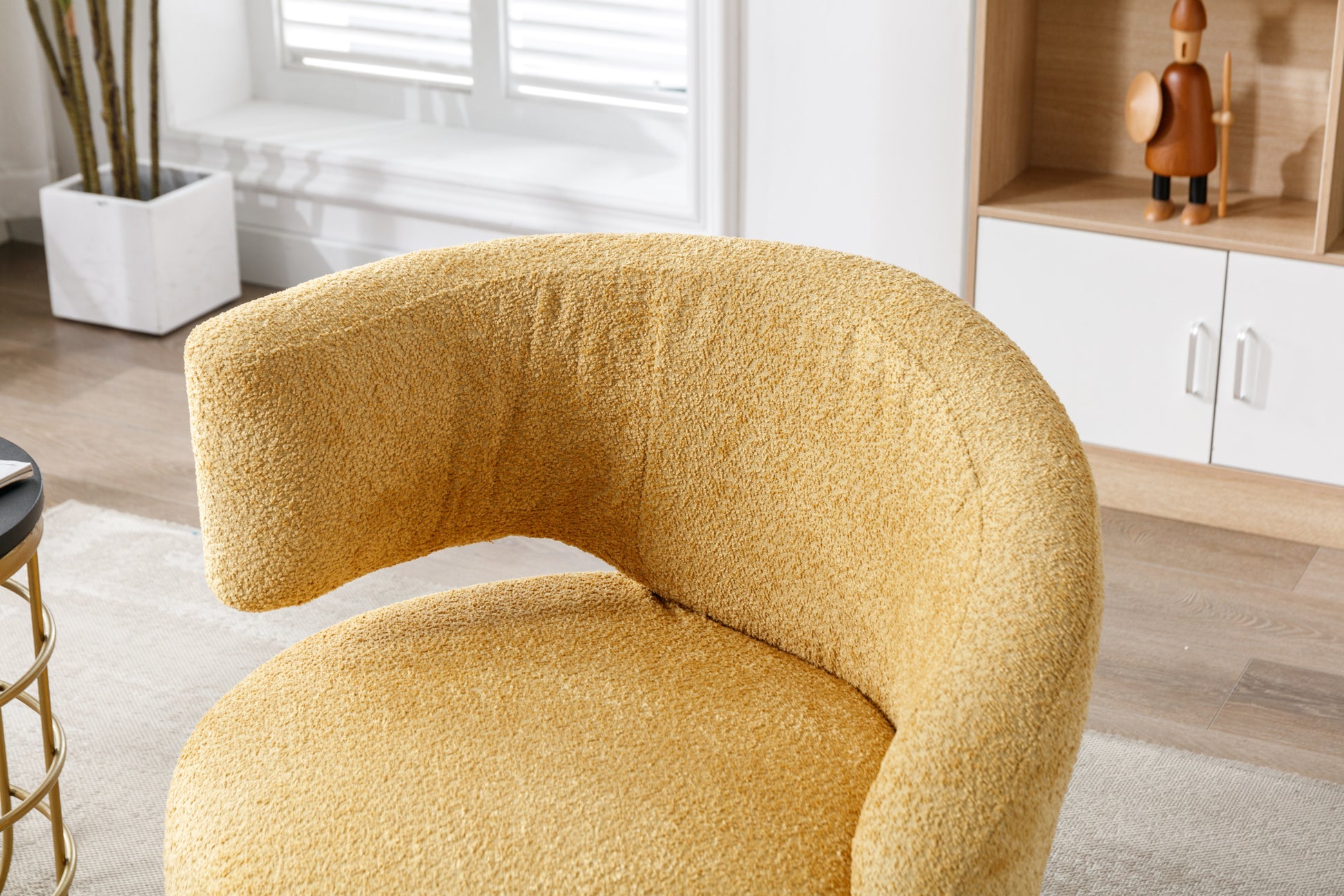360 Degree Swivel Cuddle Barrel Accent Chairs, Round Armchairs With Wide Upholstered, Fluffy Fabric Chair For Living Room, Bedroom, Office, Waiting Rooms Yellow Foam Boucle