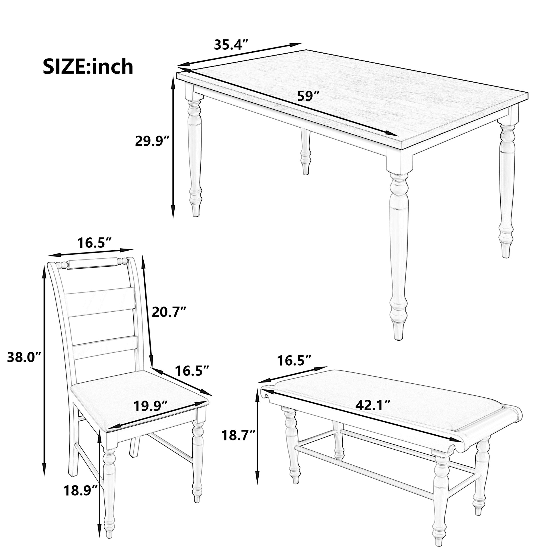 6 Peice Dining Set With Turned Legs, Kitchen Table Set With Upholstered Dining Chairs And Bench,Retro Style, White White Wood Dining Room Bench Seating Rubberwood Rectangular Dining Table With Chair And Bench Upholstered Chair Wood Brown White Ladder