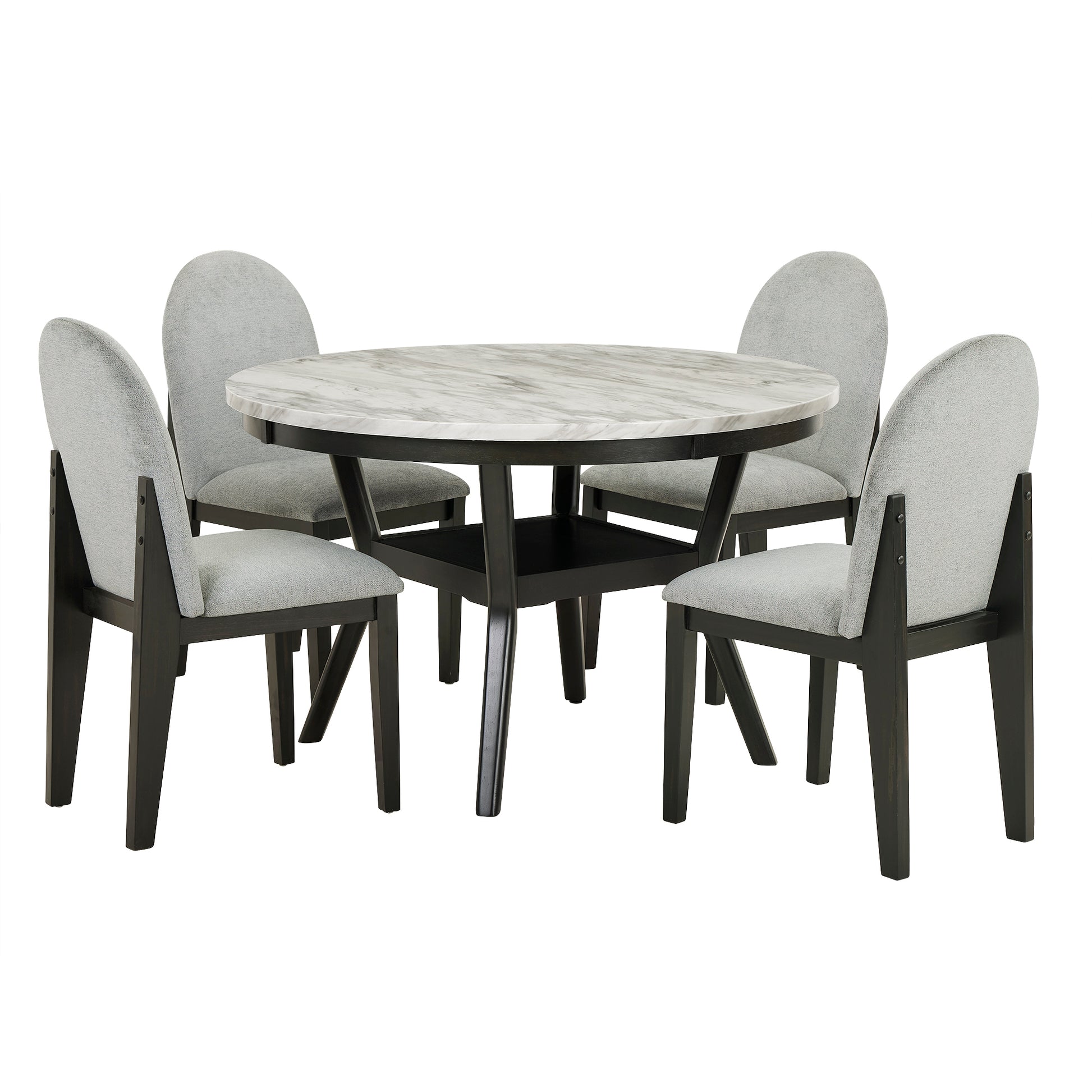 5 Piece Dining Table And Chair Set, Round Dining Table With 4 Upholstered Chairs, Dining Table Set With Storage Black White Solid Wood Mdf
