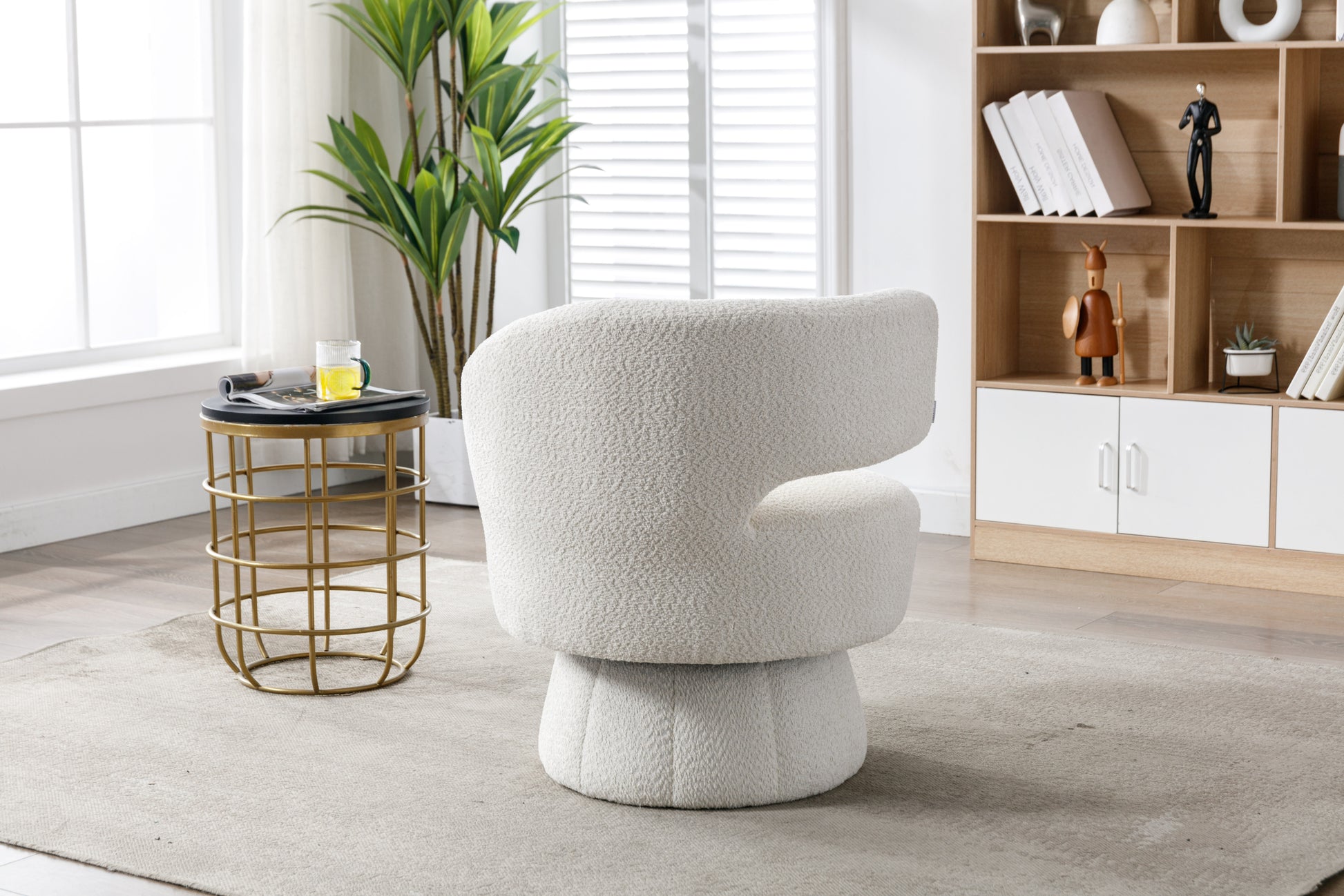 360 Degree Swivel Cuddle Barrel Accent Chairs, Round Armchairs With Wide Upholstered, Fluffy Fabric Chair For Living Room, Bedroom, Office, Waiting Rooms Beige Foam Boucle