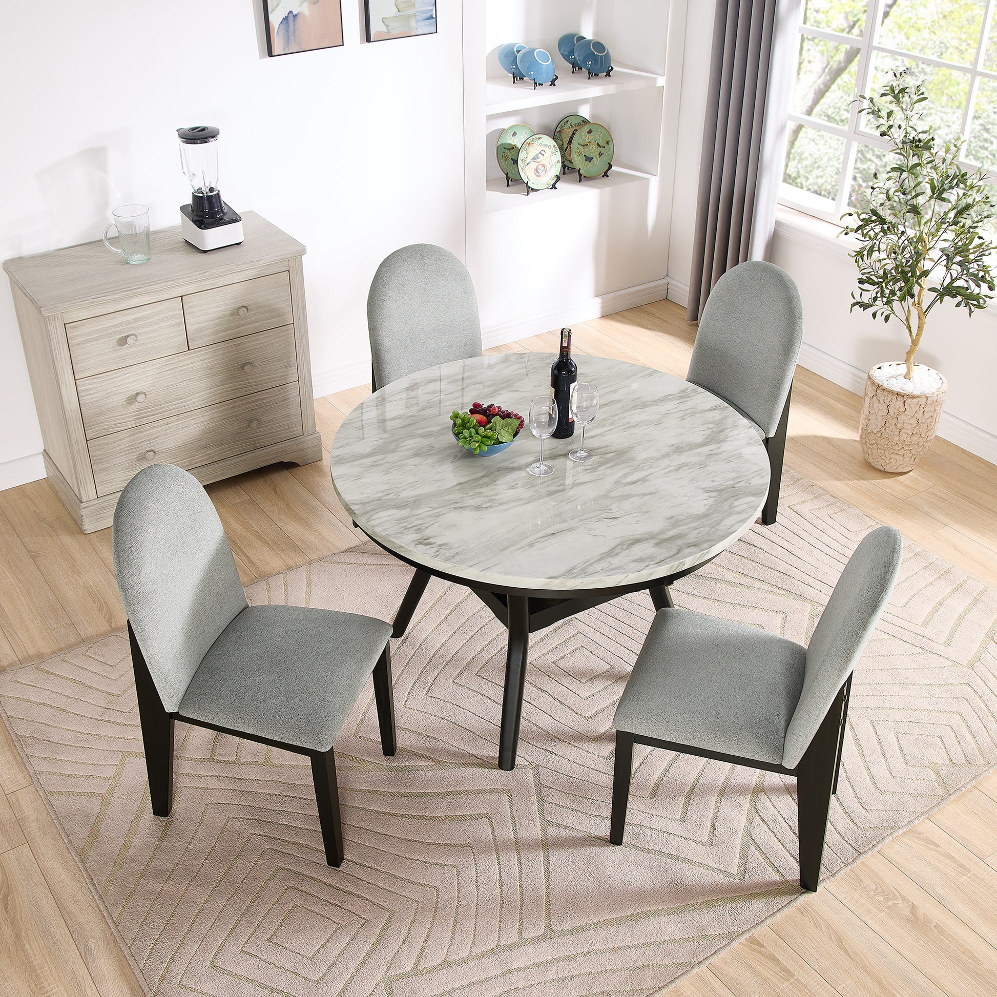 5 Piece Dining Table And Chair Set, Round Dining Table With 4 Upholstered Chairs, Dining Table Set With Storage Black White Solid Wood Mdf