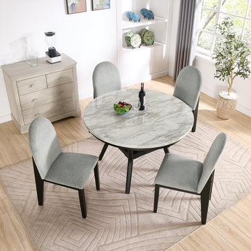 5 Piece Dining Table And Chair Set, Round Dining Table With 4 Upholstered Chairs, Dining Table Set With Storage Black White Solid Wood Mdf