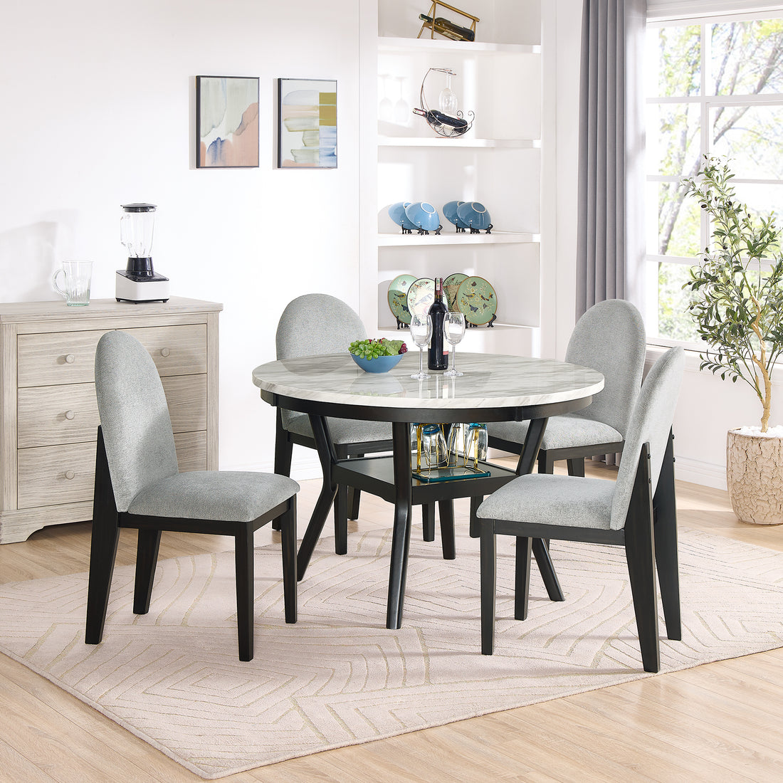 5 Piece Dining Table And Chair Set, Round Dining Table With 4 Upholstered Chairs, Dining Table Set With Storage Black White Solid Wood Mdf