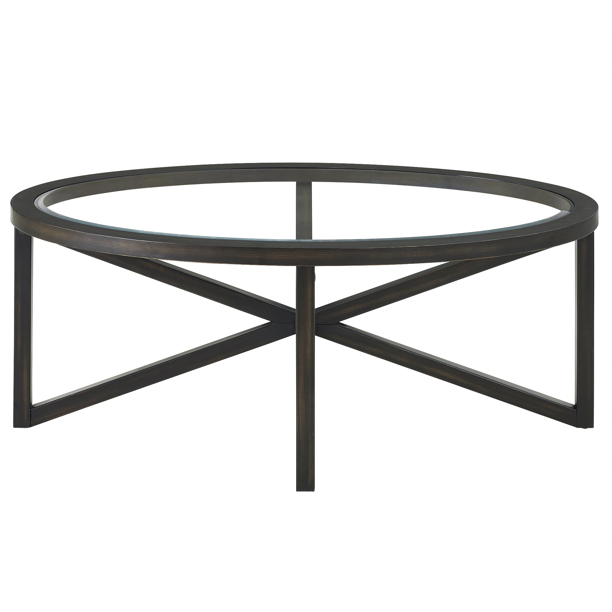 Modern Simple Glass Coffee Table, Tempered Glass Coffee Table Solid Wood Base Round Transparent Glass Top Modern Living Room Terrace Study Coffee Table Black Wood Glass