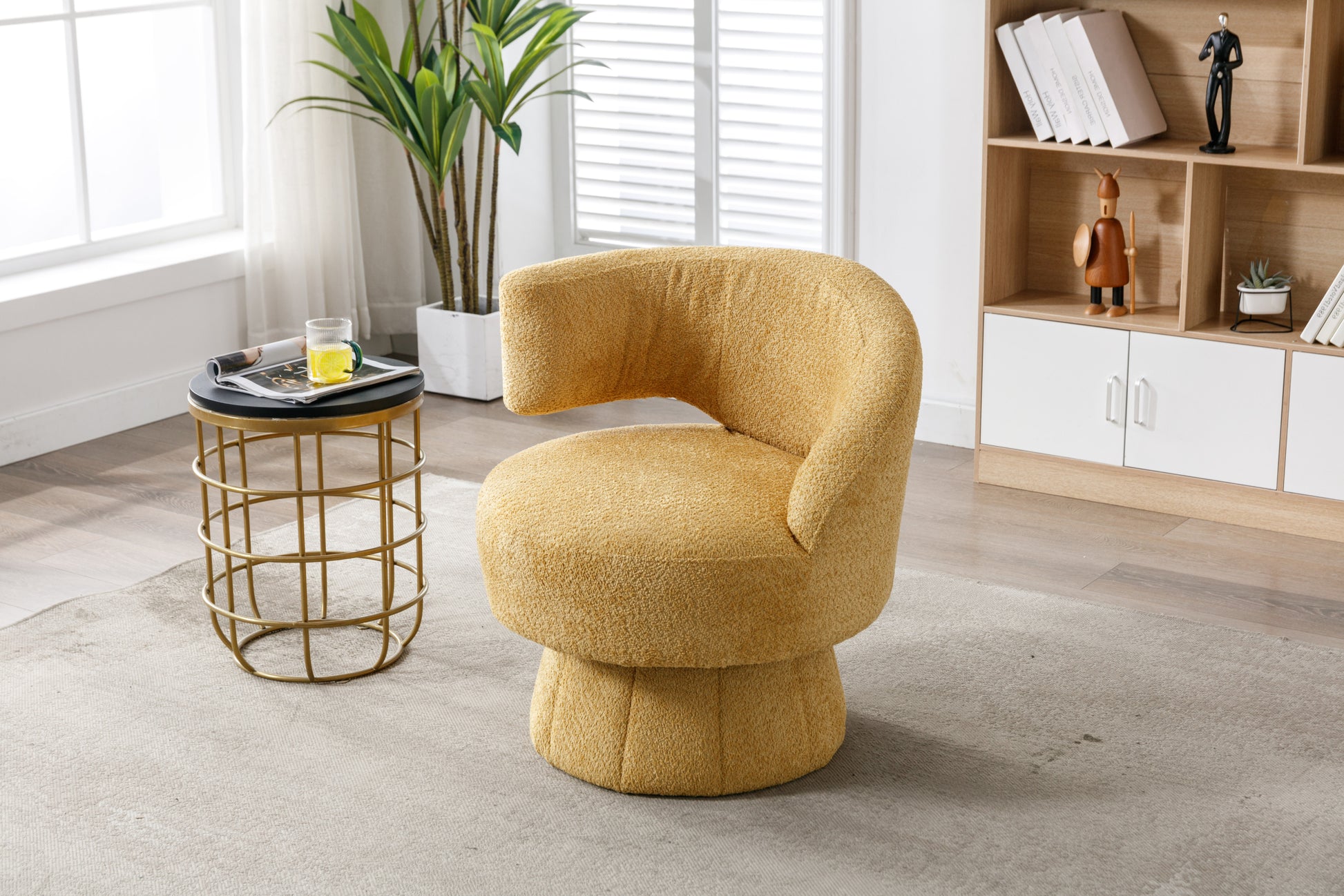 360 Degree Swivel Cuddle Barrel Accent Chairs, Round Armchairs With Wide Upholstered, Fluffy Fabric Chair For Living Room, Bedroom, Office, Waiting Rooms Yellow Foam Boucle