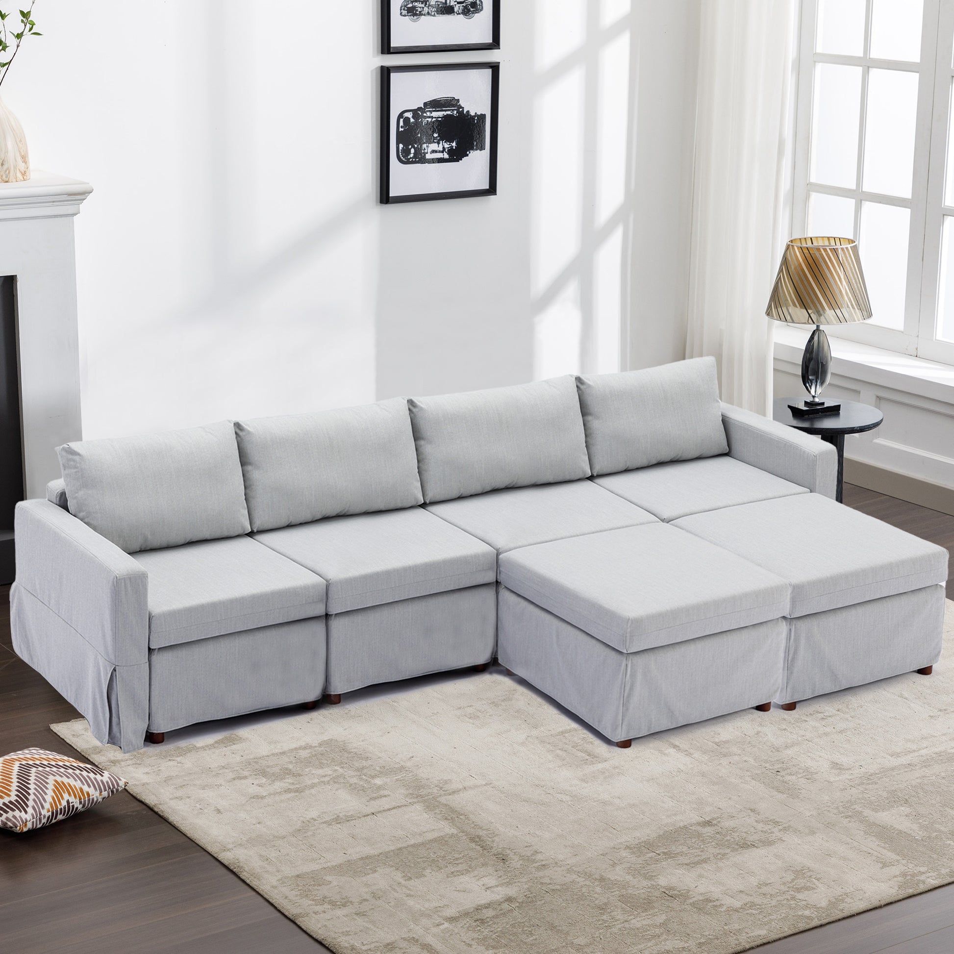 4 Seat Module Sectional Sofa Couch With 2 Ottoman,Seat Cushion And Back Cushion Removable And Washable,Light Grey Light Grey Wood Primary Living Space Soft Modern Rubberwood Foam Linen 4 Seat