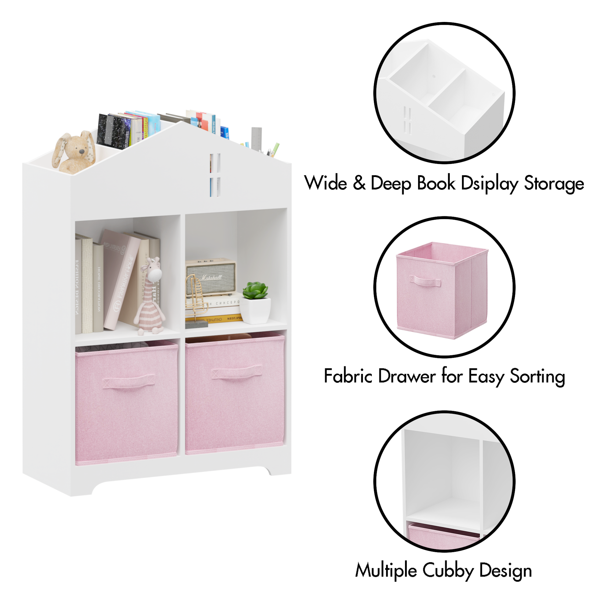 Kids Dollhouse Bookcase With Storage, 2 Tier Storage Display Organizer, Toddler Bookshelf With 2 Collapsible Fabric Drawers For Bedroom Or Playroom White Pink White Pink Mdf