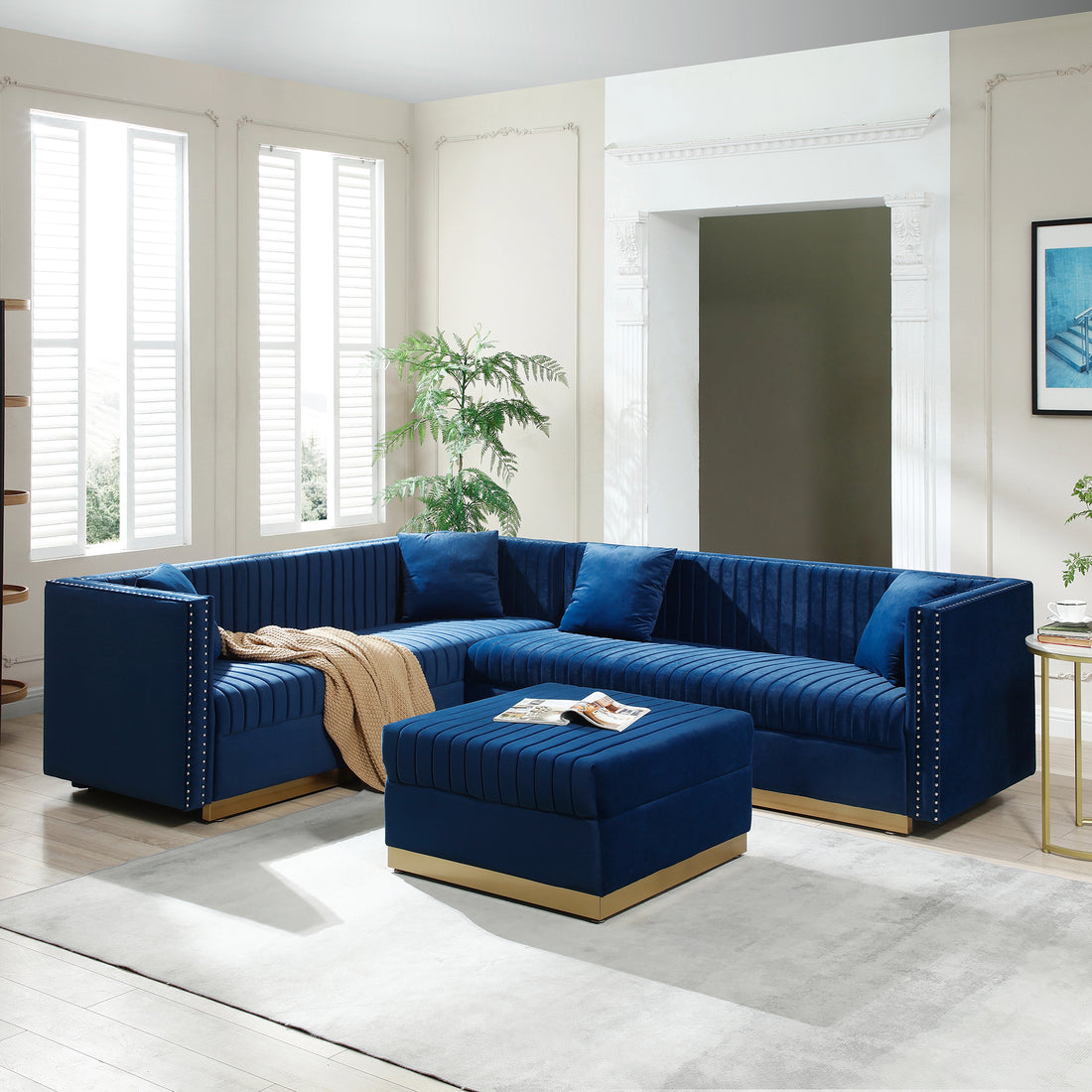 Contemporary Vertical Channel Tufted Velvet Sectional Sofa Modern Upholstered Corner Couch For Living Room Apartment With Ottoman And 4 Pillows,Blue Blue Velvet