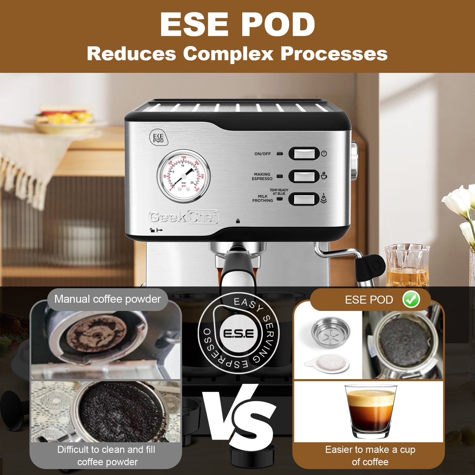 Geek Chef Espresso Machine,Espresso and Cappuccino silver-stainless steel