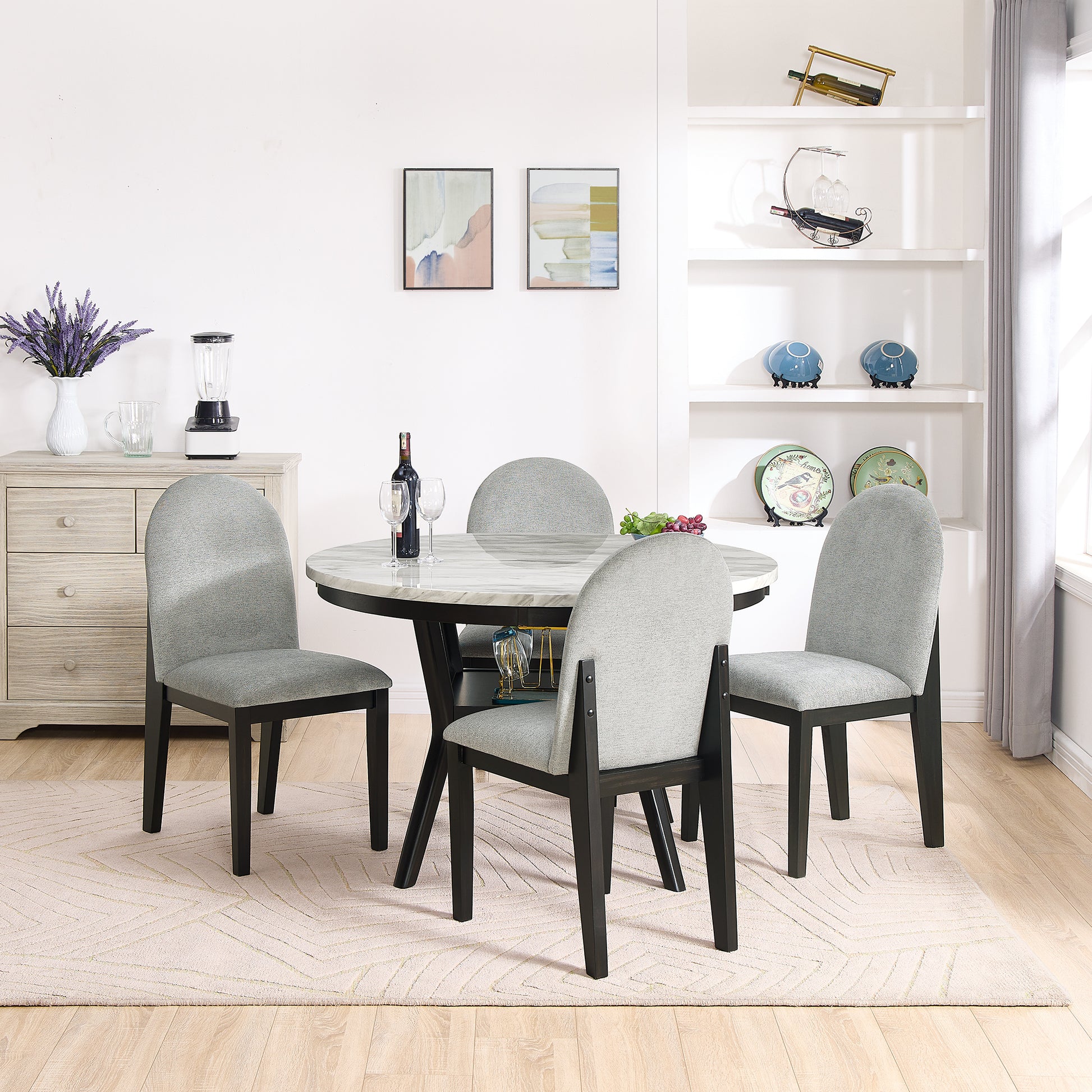 5 Piece Dining Table And Chair Set, Round Dining Table With 4 Upholstered Chairs, Dining Table Set With Storage Black White Solid Wood Mdf