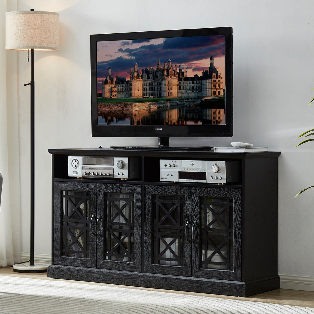 53" Tv Console Storage Buffet Cabinet Sideboard, Black Wood Grain Finish Black Dining Room Adjustabel Shelves Mdf Glass