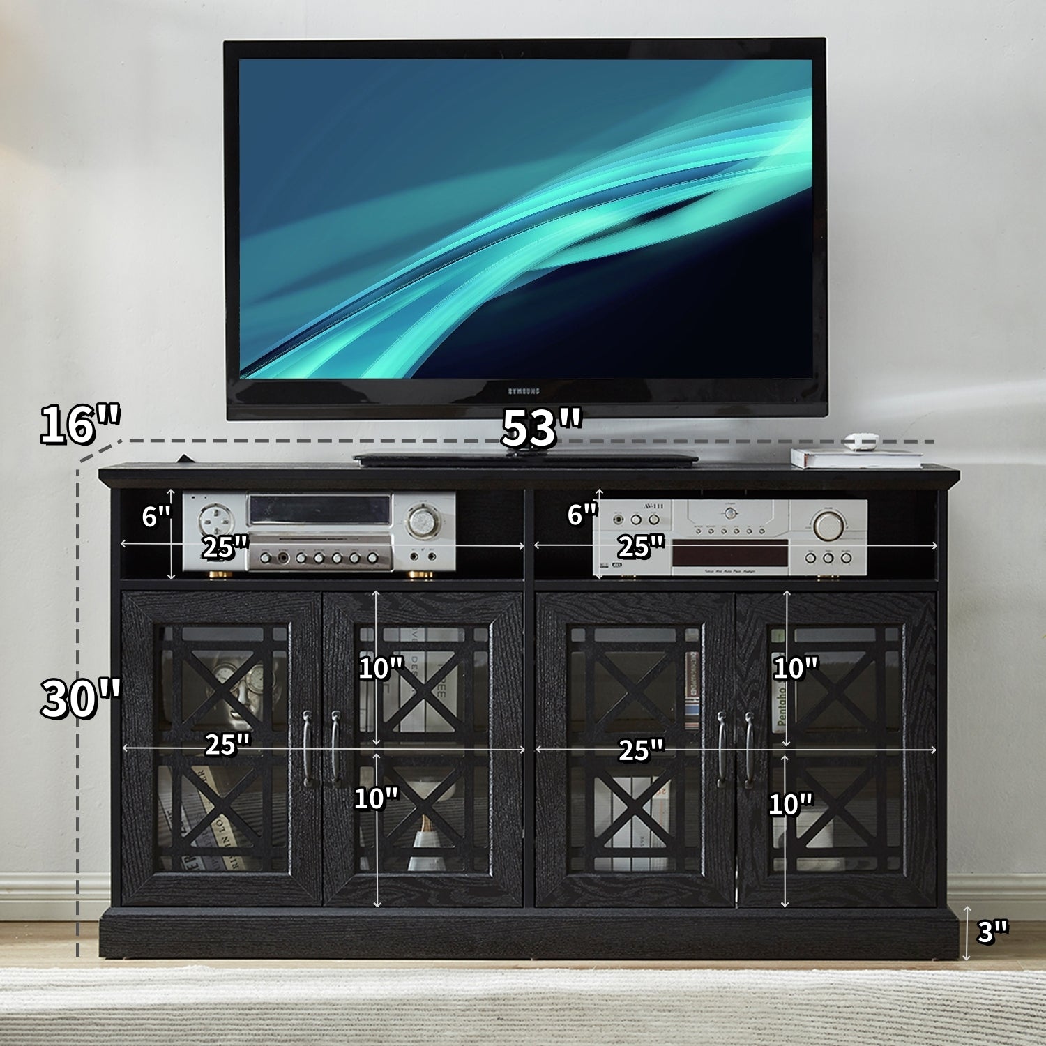 53" TV Console Storage Buffet Cabinet Sideboard, Black black-dining room-adjustabel shelves-mdf+glass