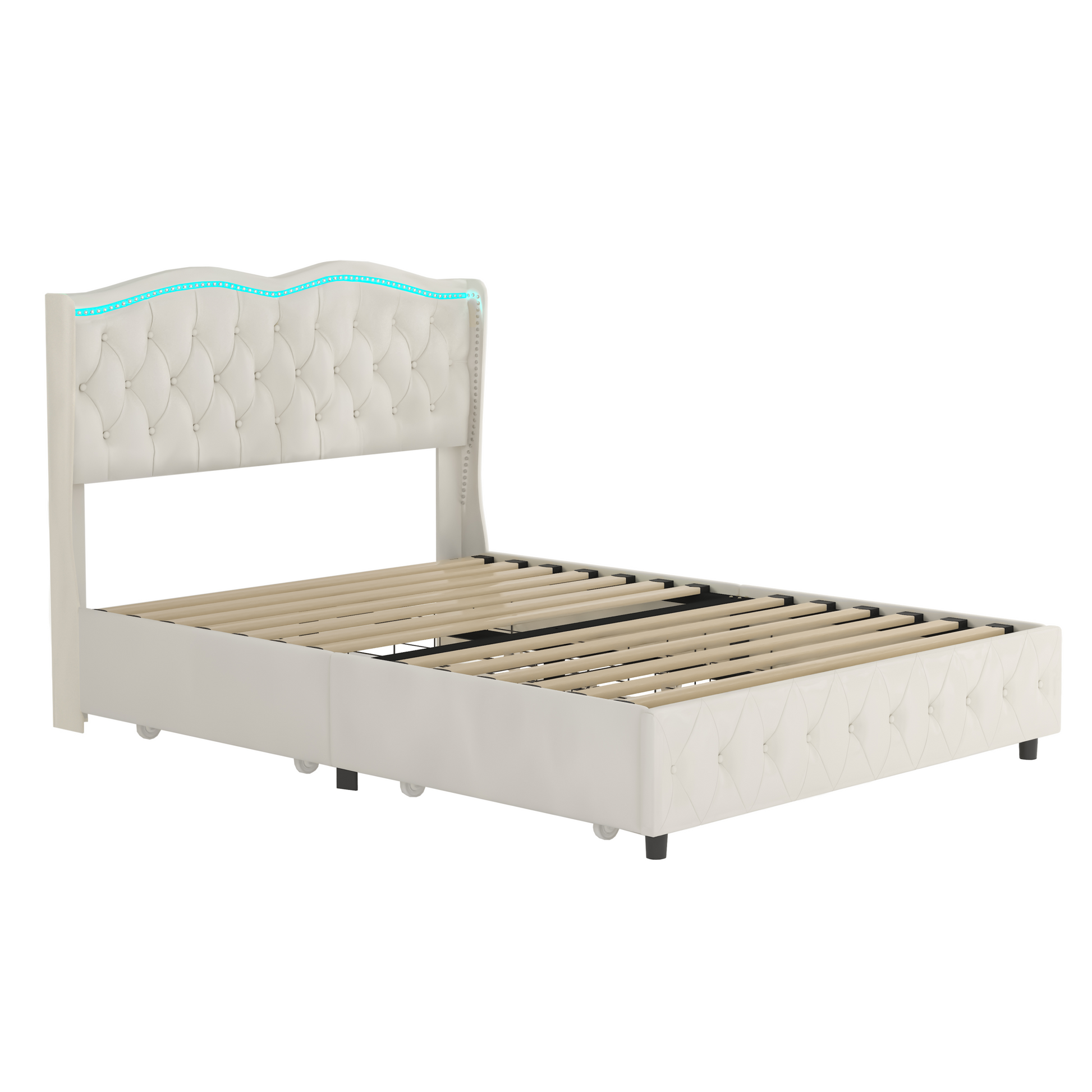 Queen Platform Bed Framevelvet Upholstered Bed With Deep Tufted Buttons And Trim, Adjustable Colorful Led Light Decorative Headboard, Bed Sides With Pull Out Storage 4 Drawers, Beige Queen Beige Velvet