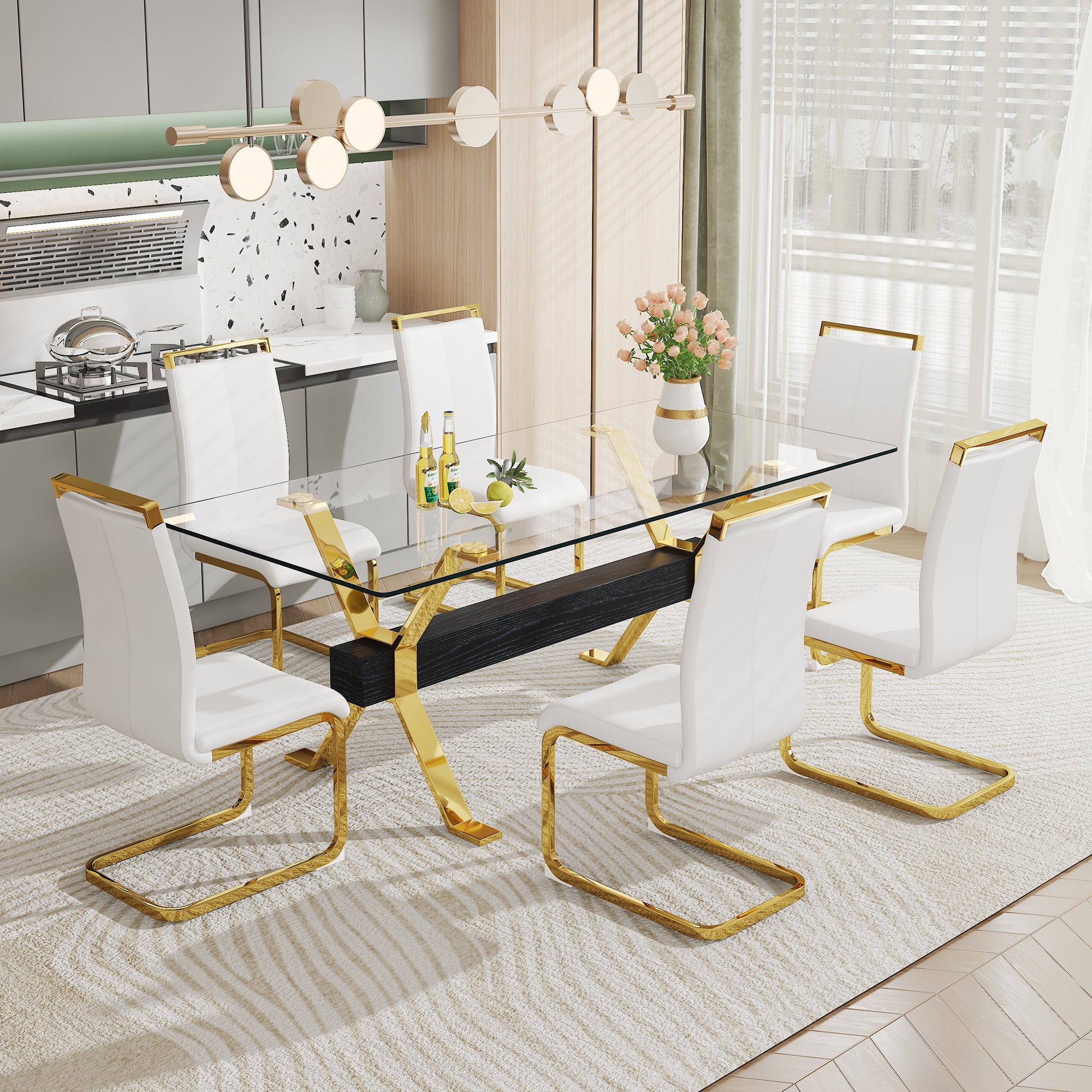 1 Table And 6 Chairs. Modern, Simple And Luxurious Tempered Glass Rectangular Dining Table And Desk With 6 White Pu Gold Plated Leg Chairs 79''X39''X30'' Transparent Glass