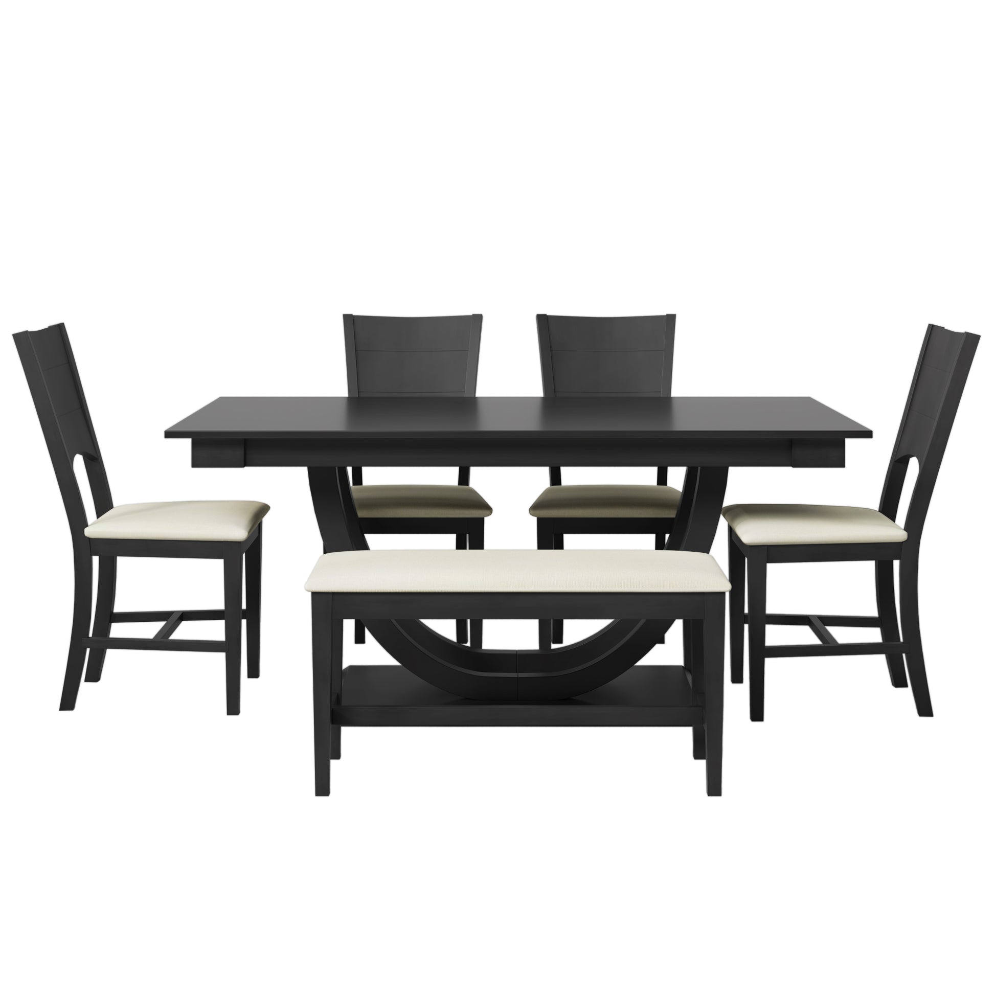 6 Piece Wood Half Round Dining Table Set Kitchen Table Set With Long Bench And 4 Dining Chairs, Modern Style, Gray Gray Wood Dining Room Bench Seating Rubberwood Rectangular Dining Table With Chair And Bench Upholstered Chair Wood Gray Solid Back Seats 6