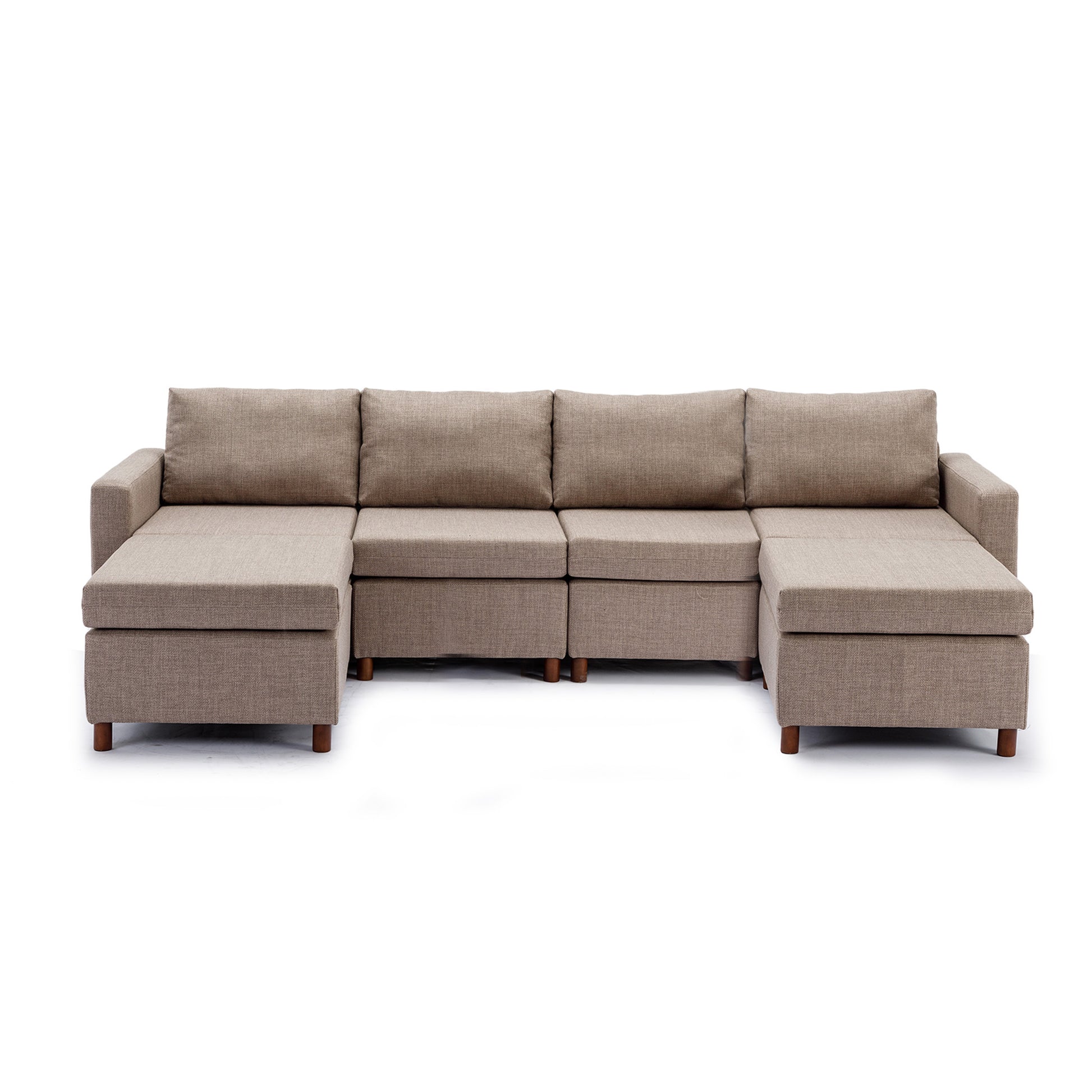 4 Seat Module Sectional Sofa Couch With 2 Ottoman For Living Room,Seat Cushion And Back Cushion Non Removable And Non Washable,Brown Brown Wood Primary Living Space Soft Modern Rubberwood Foam Linen 4 Seat