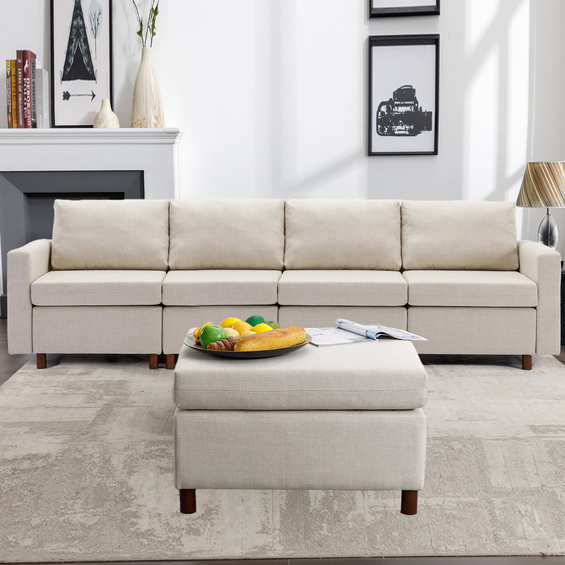 4 Seat Module Sectional Sofa Couch With 1 Ottoman For Living Room,Seat Cushion And Back Cushion Non Removable And Non Washable,Cream Cream Wood Primary Living Space Soft Modern Rubberwood Foam Linen 4 Seat
