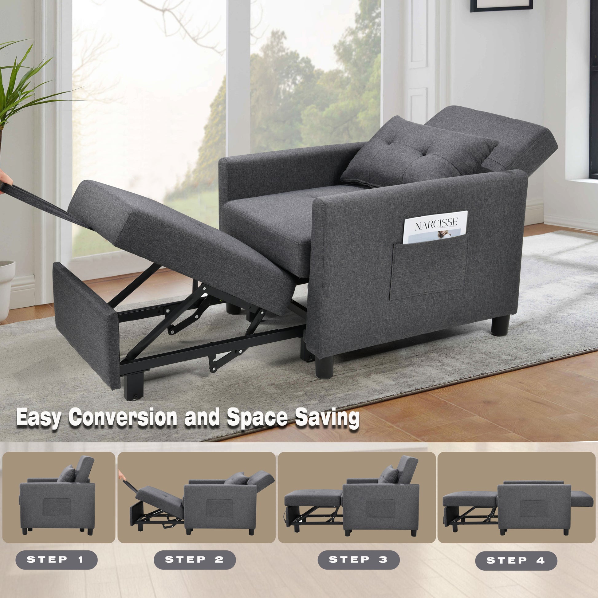 3 In 1 Convertible Futon Sofa Bed With Adjustable Backrest, Single Sofa Bed With Pull Out Sleeper, Convertible Futon Chair For Living Room, Side Bag And 1 Lumbar Pillow,Dark Gray Dark Gray Linen Wood Fabric 1 Seat