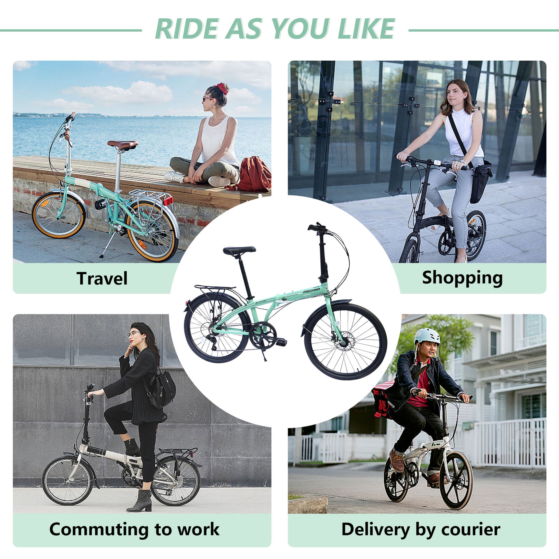 24" Folding City Bike Aluminum Frame 7 Speed Folding Bike Cycling Green Garden & Outdoor American Design Aluminium Alloy