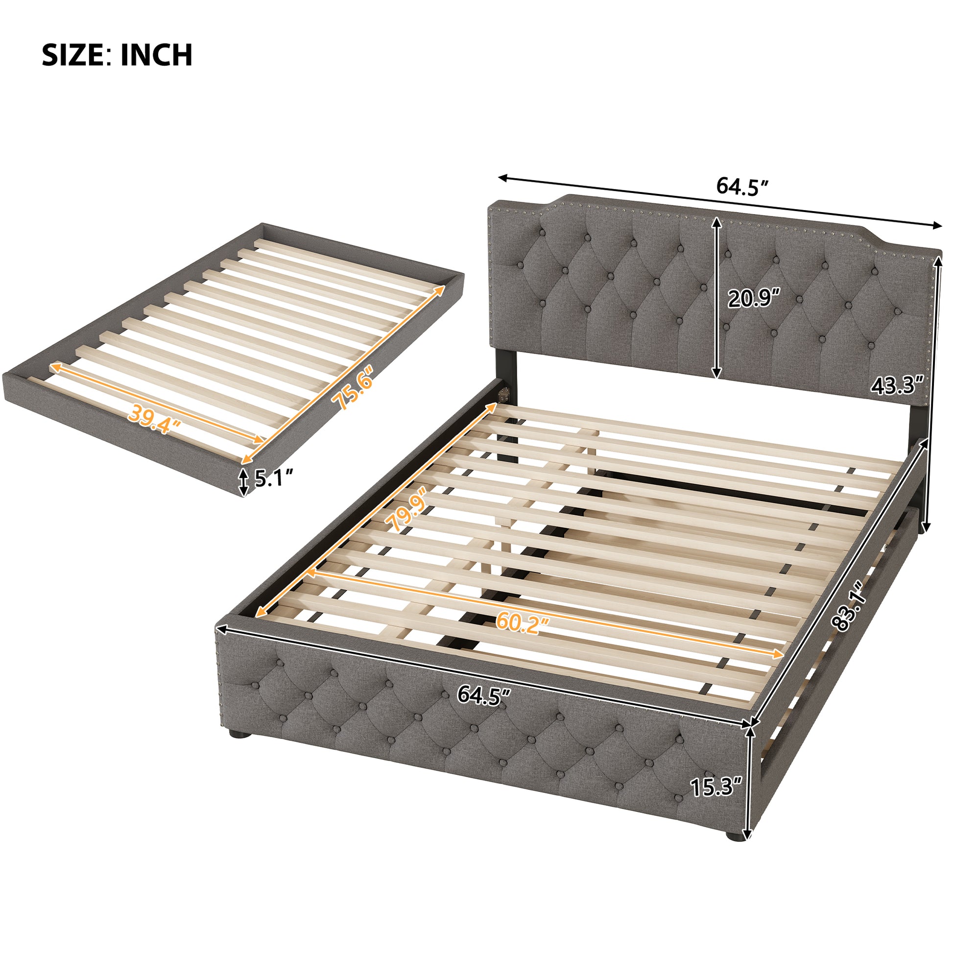 Queen Size Upholstered Platform Bed With Twin Size Trundle And 2 Sets Of Usb Ports On Each Side, Linen Fabric, Gray Queen Gray Linen