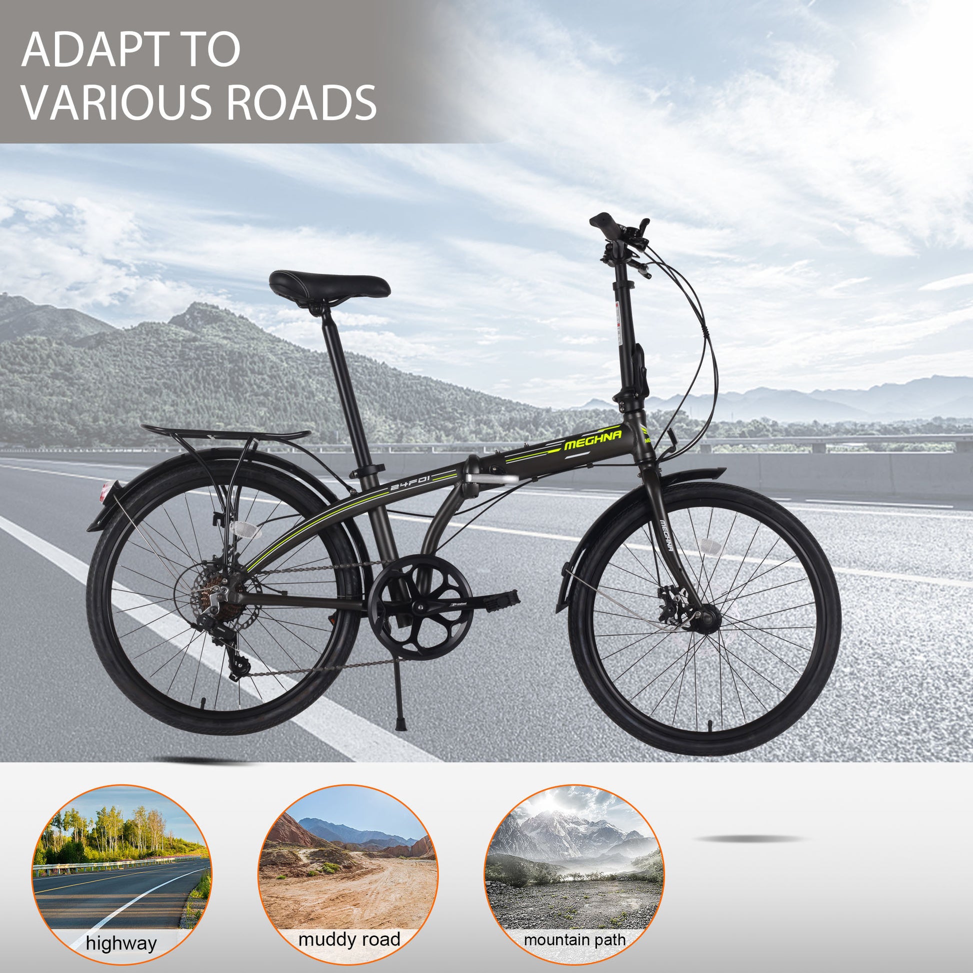 24" Folding City Bike Aluminum Frame 7 Speed Folding Bike Cycling Dark Grey Garden & Outdoor American Design Aluminium Alloy