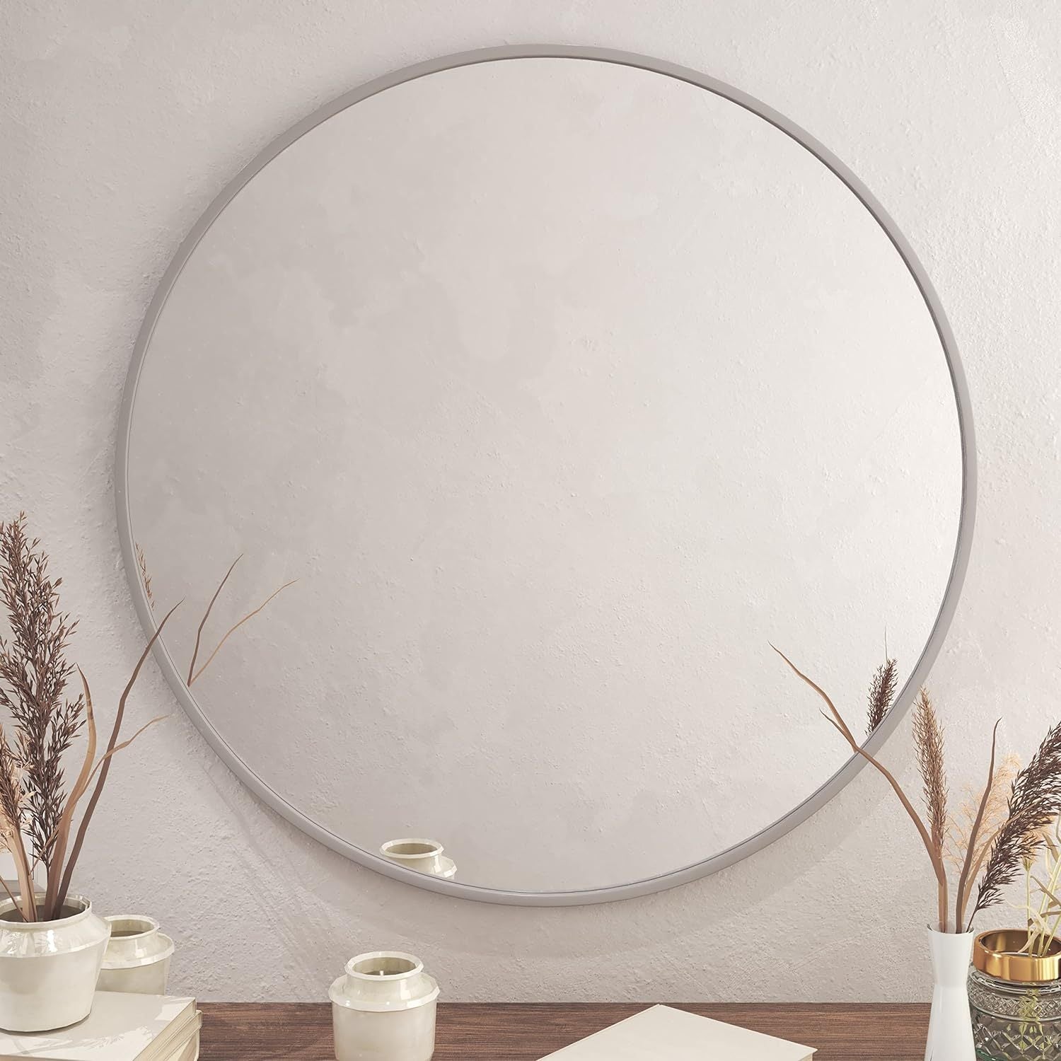 Silver 42 Inch Metal Round Bathroom Mirror Silver Classic Mdf Glass Aluminium