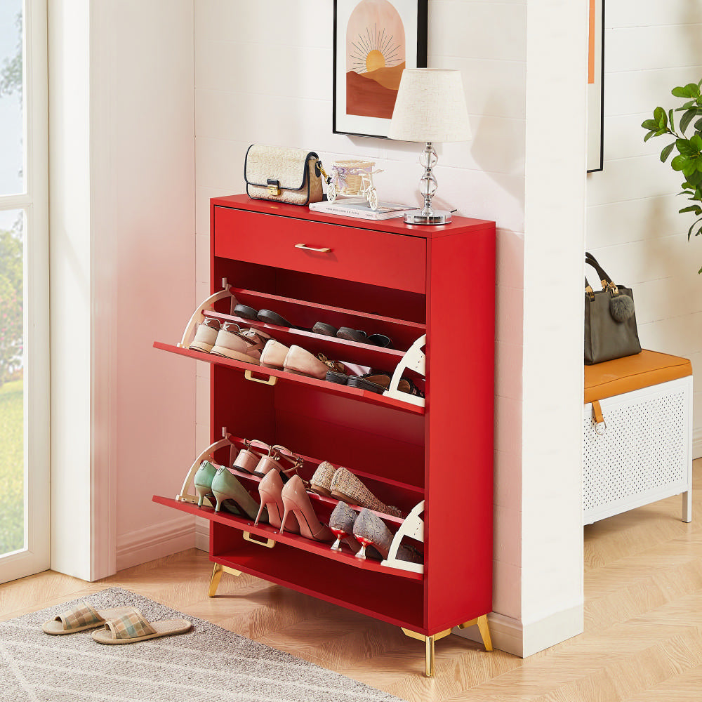 Shoe Storage Cabinet For Entryway, Free Standing Shoe Organizer With 2 Flip Drawers, Hidden Shoe Rack Storage Organizer For Doorway Hallway Closet, Red Red Mdf