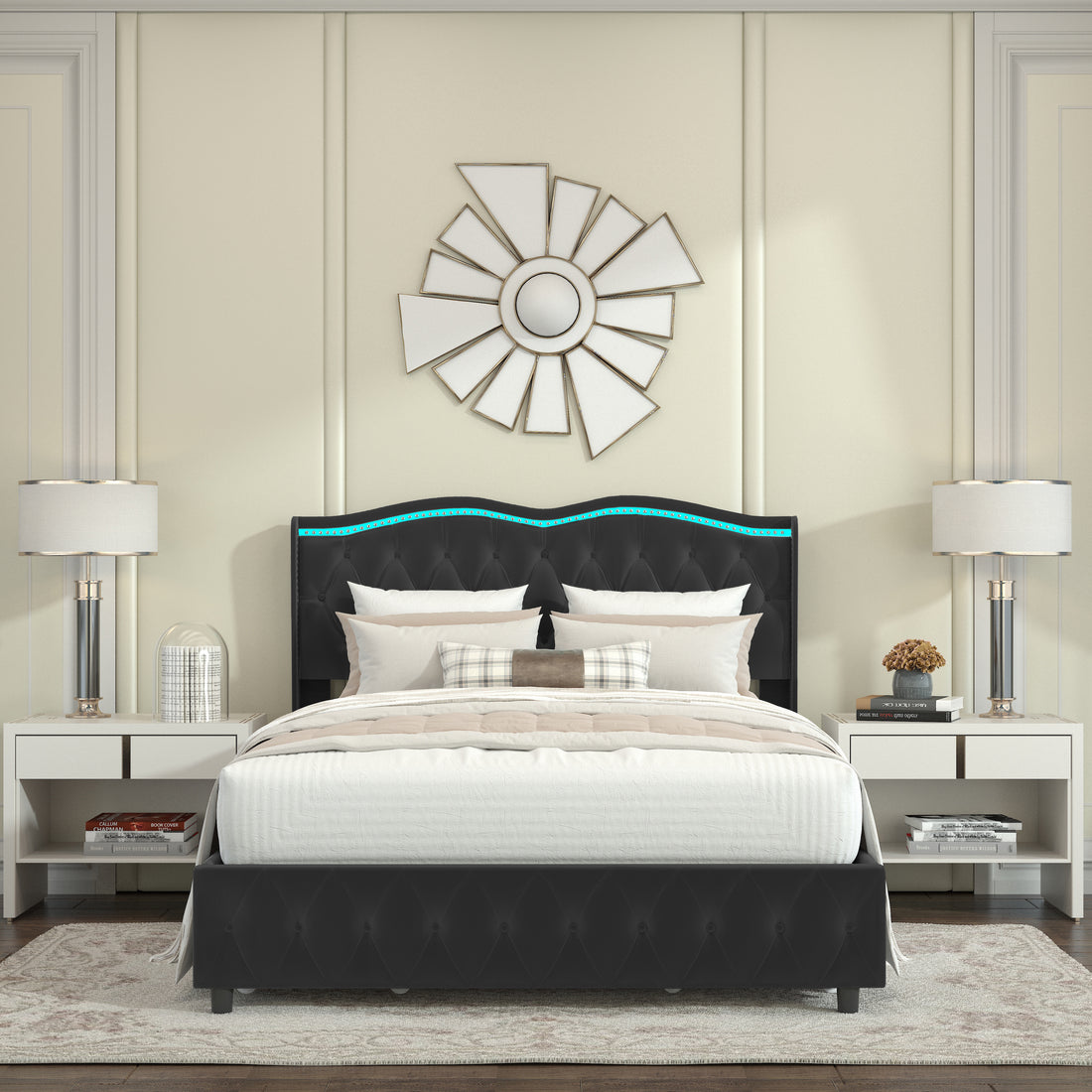 Queen Platform Bed Framevelvet Upholstered Bed With Deep Tufted Buttons And Trim, Adjustable Colorful Led Light Decorative Headboard, Bed Sides With Pull Out Storage 4 Drawers, Black Queen Black Velvet