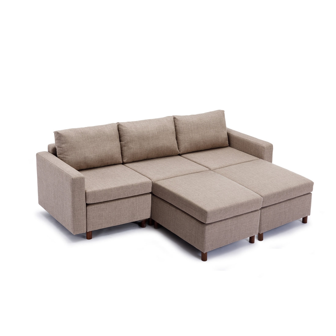 3 Seat Module Sectional Sofa Couch With 2 Ottoman For Living Room,Seat Cushion And Back Cushion Non Removable And Non Washable,Brown Brown Wood Primary Living Space Soft Modern Rubberwood Foam Linen 3 Seat