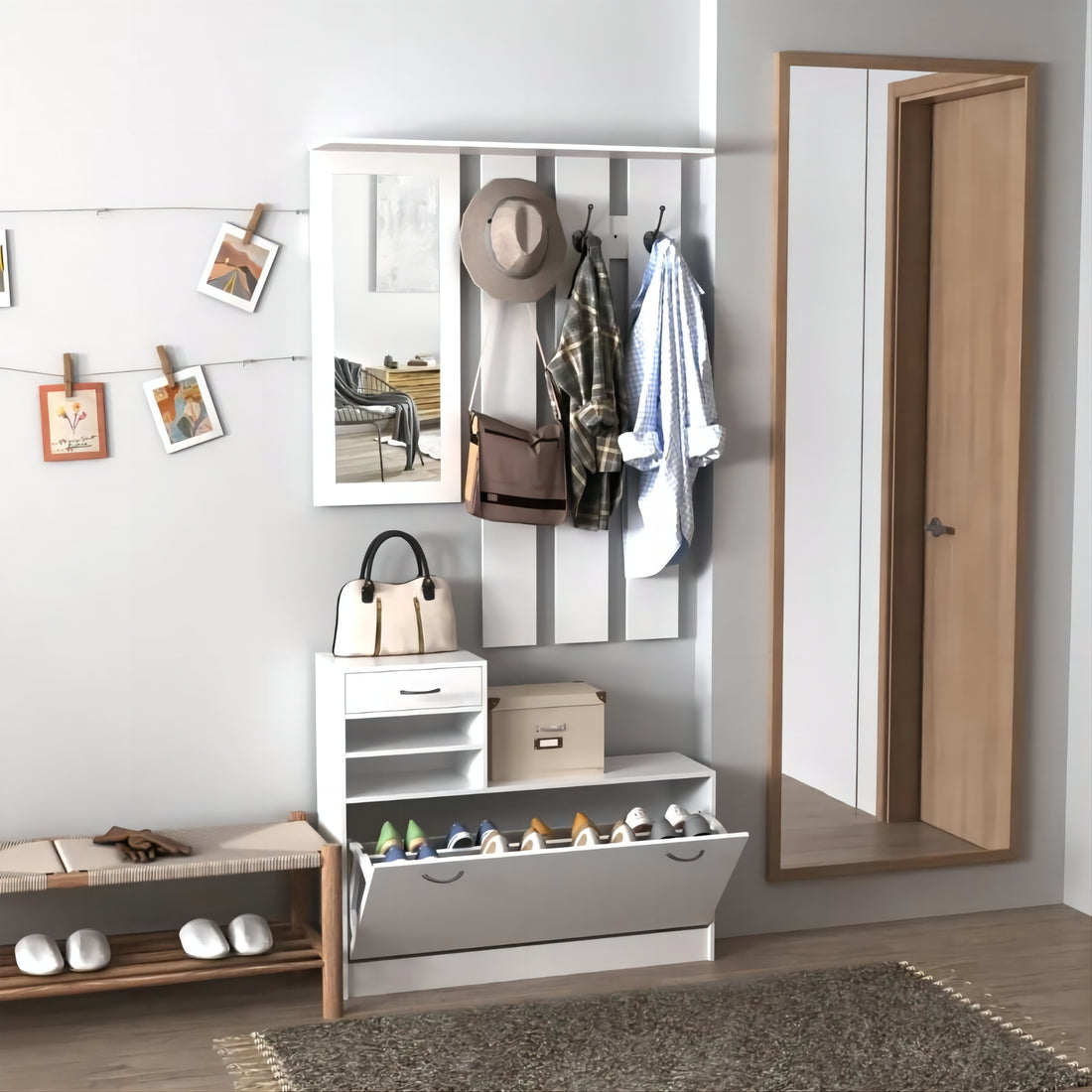 Combination Model Gate Cabinet With Shoe Cabinet Hang Shelf Mirror Standard 1 2 Drawers Matte White Primary Living Space Drawers Included Modern Melamine