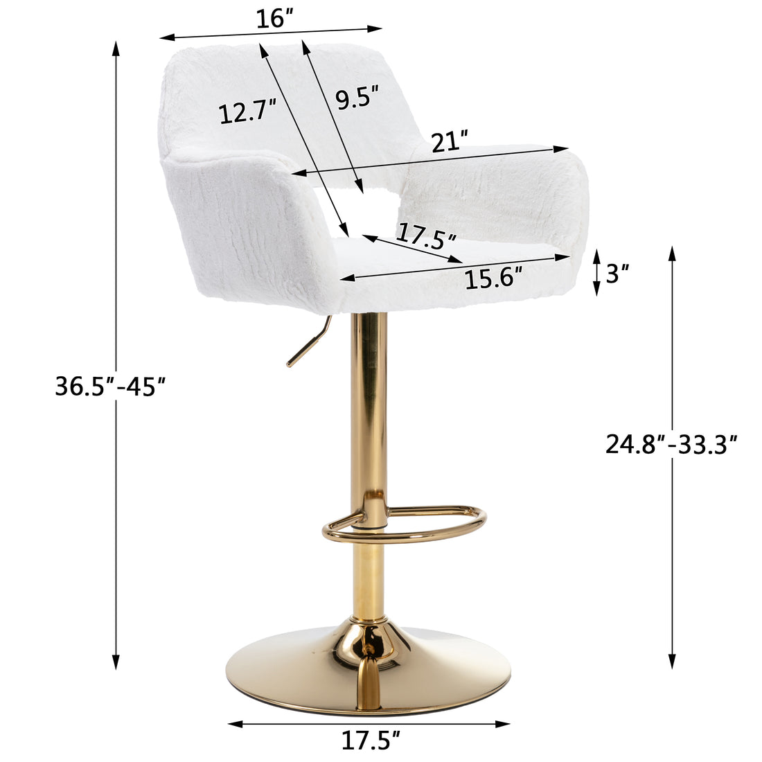 Hengming Bar Stool 2 Piece Set, Hollowed Out Braces Handrail, Height Adjustable, Suitable For Living Room, Study, Bar, Cafe White Faux Fur