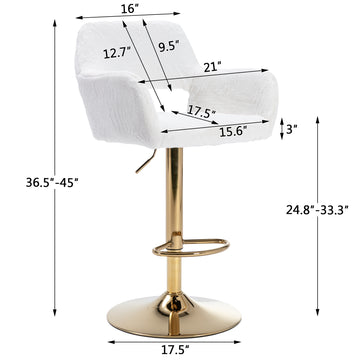 Hengming Bar Stool 2 Piece Set, Hollowed Out Braces Handrail, Height Adjustable, Suitable For Living Room, Study, Bar, Cafe White Faux Fur