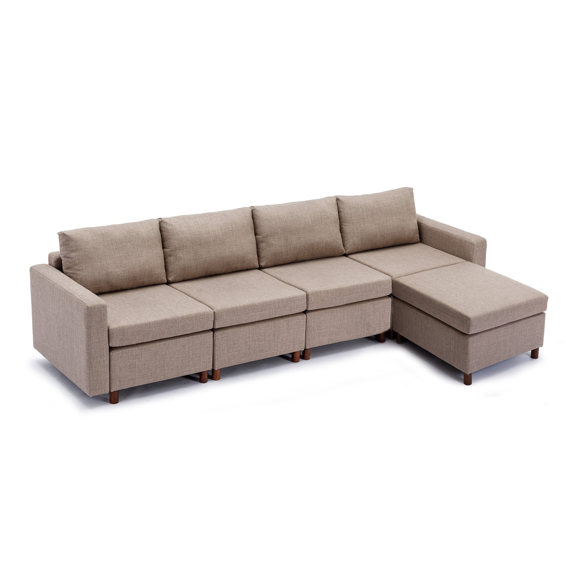 4 Seat Module Sectional Sofa Couch With 1 Ottoman For Living Room,Seat Cushion And Back Cushion Non Removable And Non Washable,Brown Brown Wood Primary Living Space Soft Modern Rubberwood Foam Linen 4 Seat
