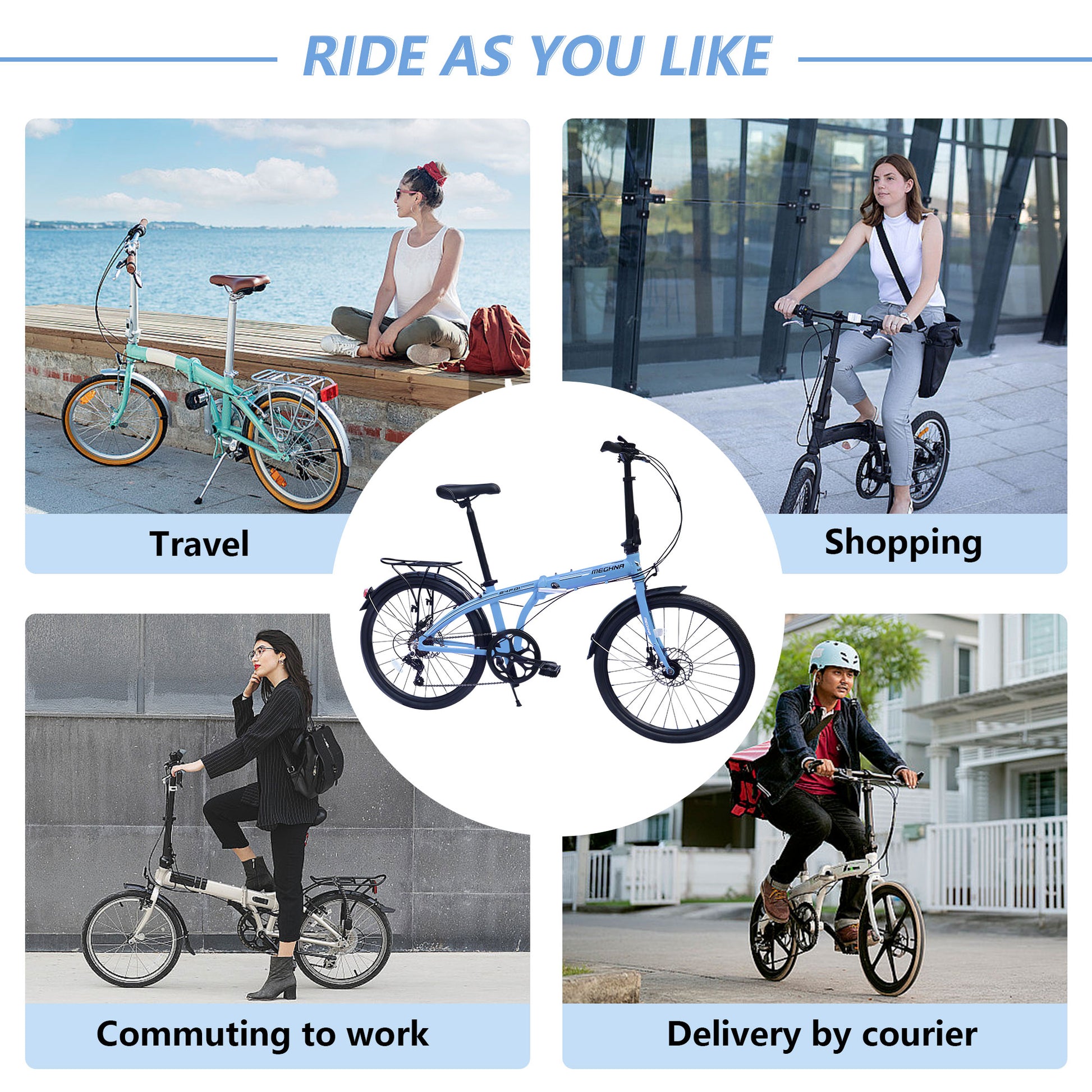 24" Folding City Bike Aluminum Frame 7 Speed Folding Bike Cycling Blue Garden & Outdoor American Design Aluminium Alloy