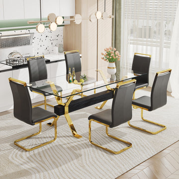 1 Table And 6 Chairs. Modern Simple Luxury Tempered Glass Rectangular Dining Table And Desk With 6 Black Pu Gold Plated Leg Chairs 79''X39''X30'' Transparent Glass