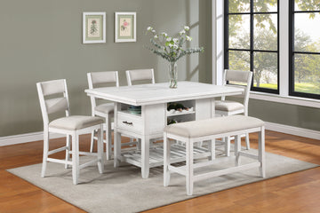 6 Piece Counter Height Dining Set White Rectangular Table Wine Bottle Storage Upholstery Chairs Open Shelf Storage Drawer Wooden Solid Wood Furniture Wood Wood White Seats 6 Wood Dining Room 60 Inches Fixed Table Farmhouse,Transitional 4 Leg Rectangular