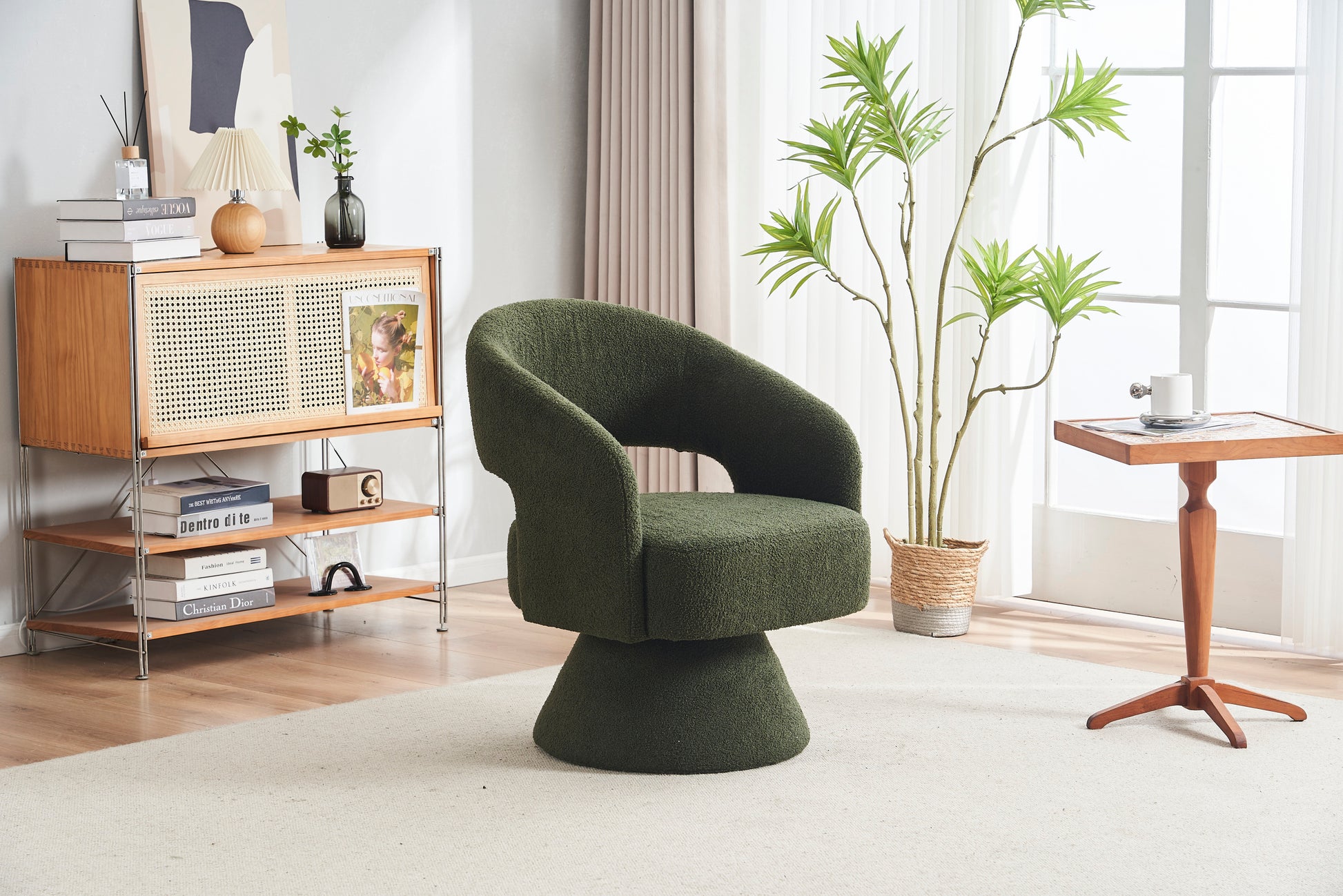 Swivel Accent Chair Armchair, Round Barrel Chair In Fabric For Living Room Bedroom,Green Teddy Green Foam Faux Fur