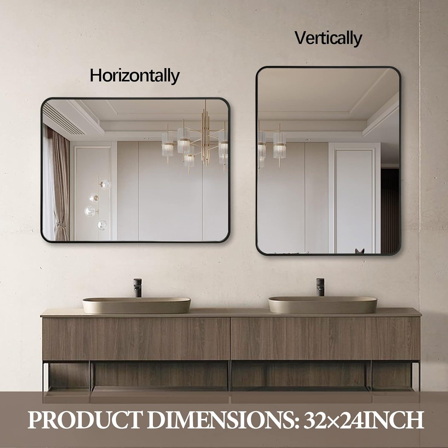 Black 24X32 Inch Metal Rectangle Barhroom Mirror Black Classic Mdf Glass Aluminium Alloy