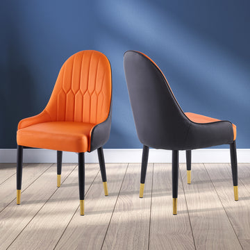 Modern Leather Dining Chair Set Of 2, Upholstered Accent Dining Chair, Legs With Black Plastic Tube Plug Orange Leather