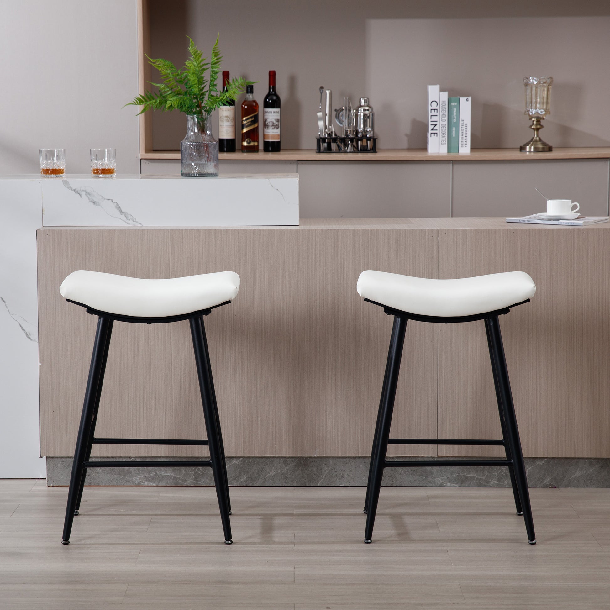 Bar Stools Set Of 2 Armless Counter Low Bar Stools Without Back Modern Pu Leather Stools With Metal Leg And Footrest,Cream Cream Kitchen Foam Dry Clean Modern Bar Stools Foam Pu Leather