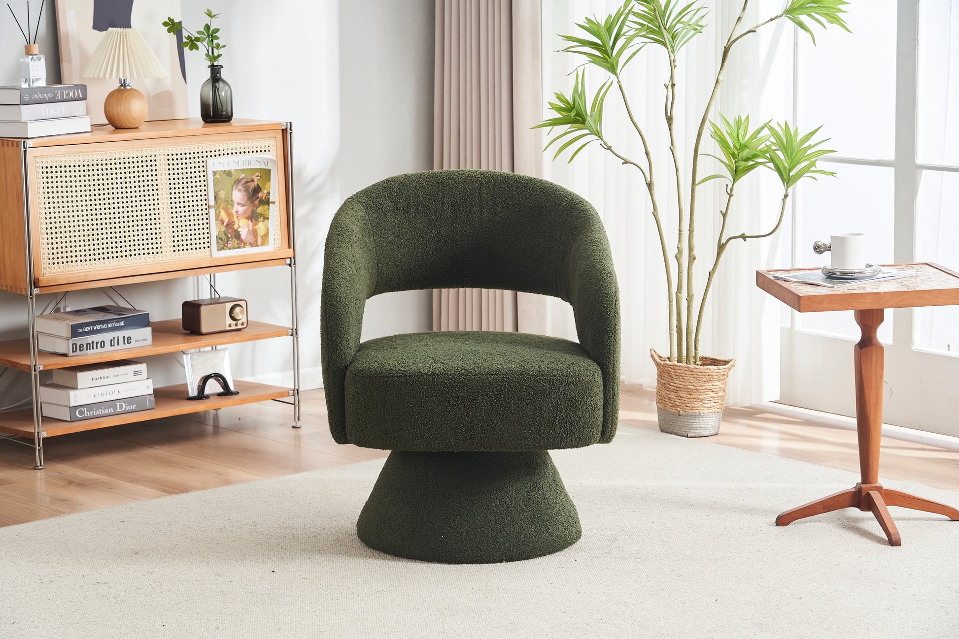 Swivel Accent Chair Armchair, Round Barrel Chair In Fabric For Living Room Bedroom,Green Teddy Green Foam Faux Fur