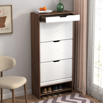 3 Tier Shoe Storage Cabinet With Draders For Entryway,Bedroom,Flip Door Design Shoe Cabinet White Walnut Mdf