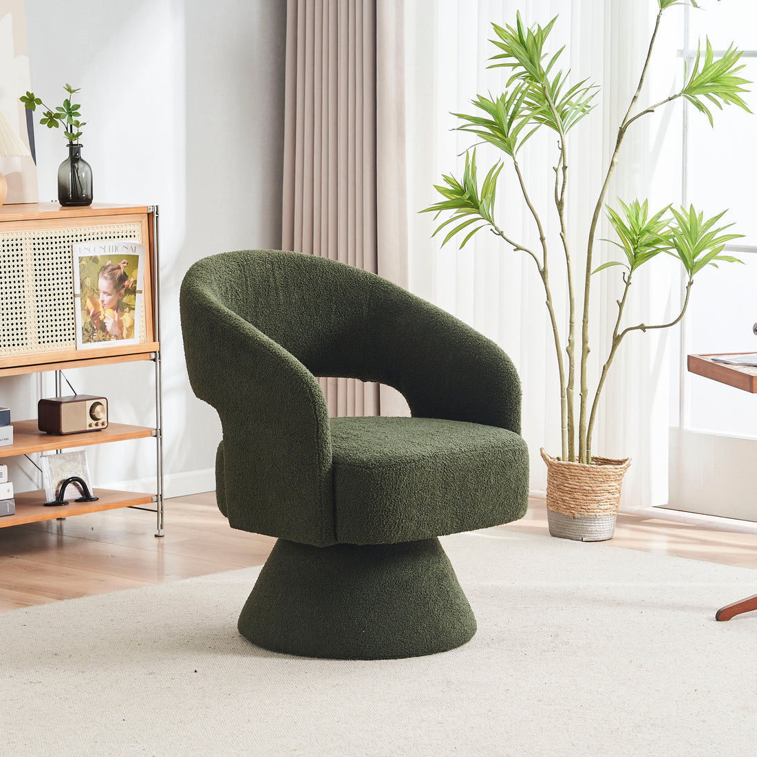 Swivel Accent Chair Armchair, Round Barrel Chair In Fabric For Living Room Bedroom,Green Teddy Green Foam Faux Fur