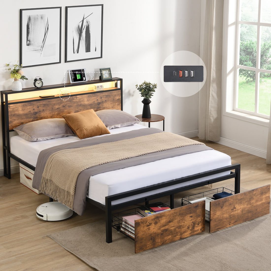 Queen Size Bed Frame With Storage Headboard And 2 Drawers, Led Lights Bed With Charging Station, Metal Platform Bed No Noise, Mattress Foundation Strong Metal Slats Support No Box Spring Needed Box Spring Not Required Queen Black Brown Iron Brown Bedroom