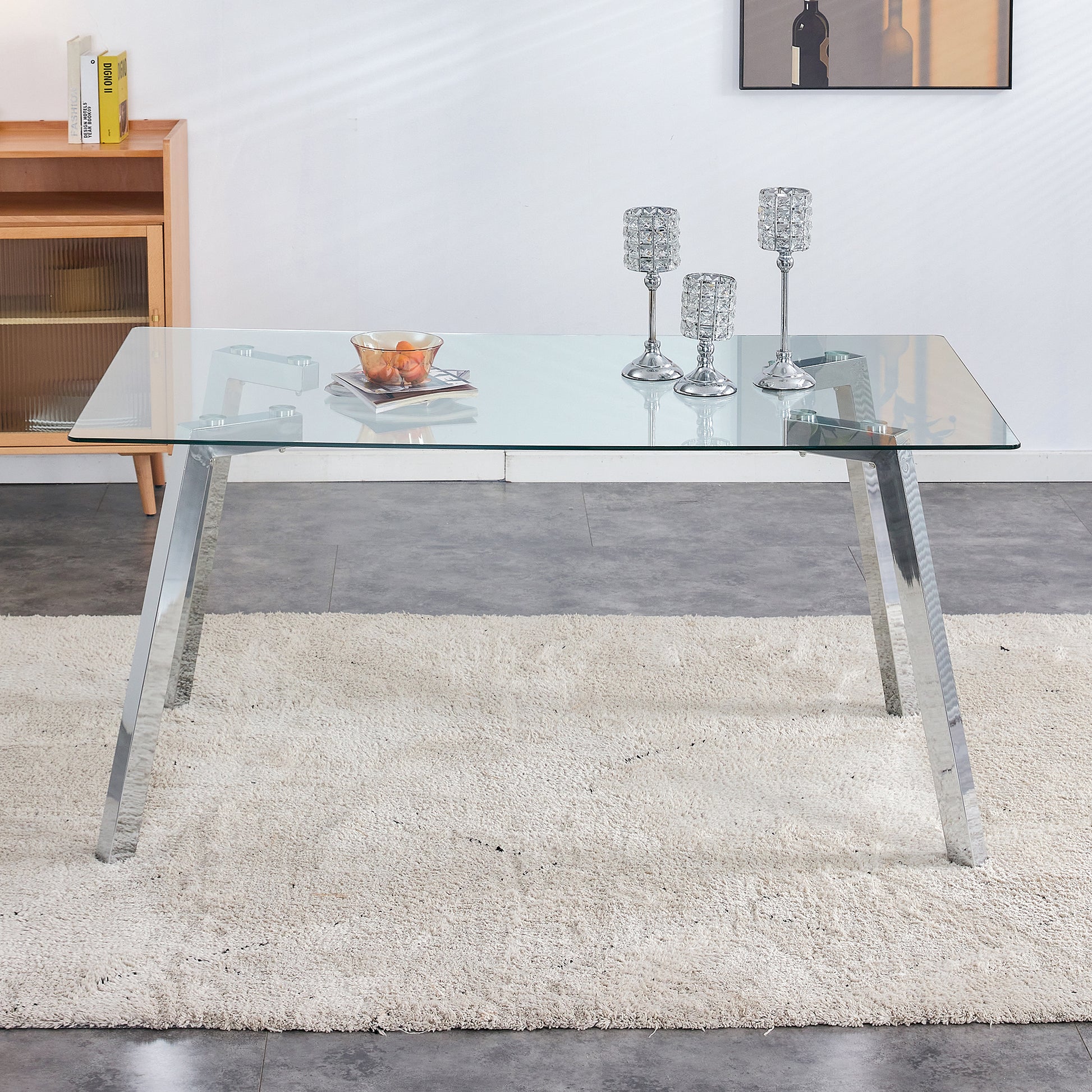 A Modern Minimalist Rectangular Glass Dining Table With Tempered Glass Tabletop And Silver Metal Legs, Suitable For Kitchens, Restaurants, And Living Rooms,63"*35.4"*30" Silver Metal