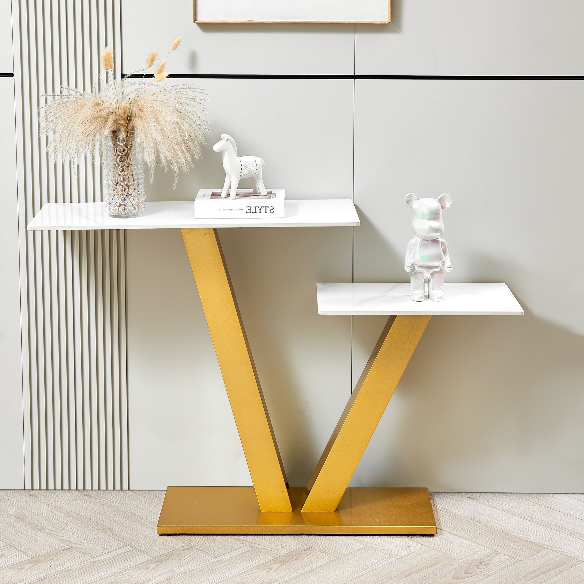 47.2"Modern Console Table, Exquisite Shape Design, Metal Frame With Adjustable Foot Pads For Entrance, Corridor, Living Room & Office. Gold Gold Metal & Wood Metal & Wood