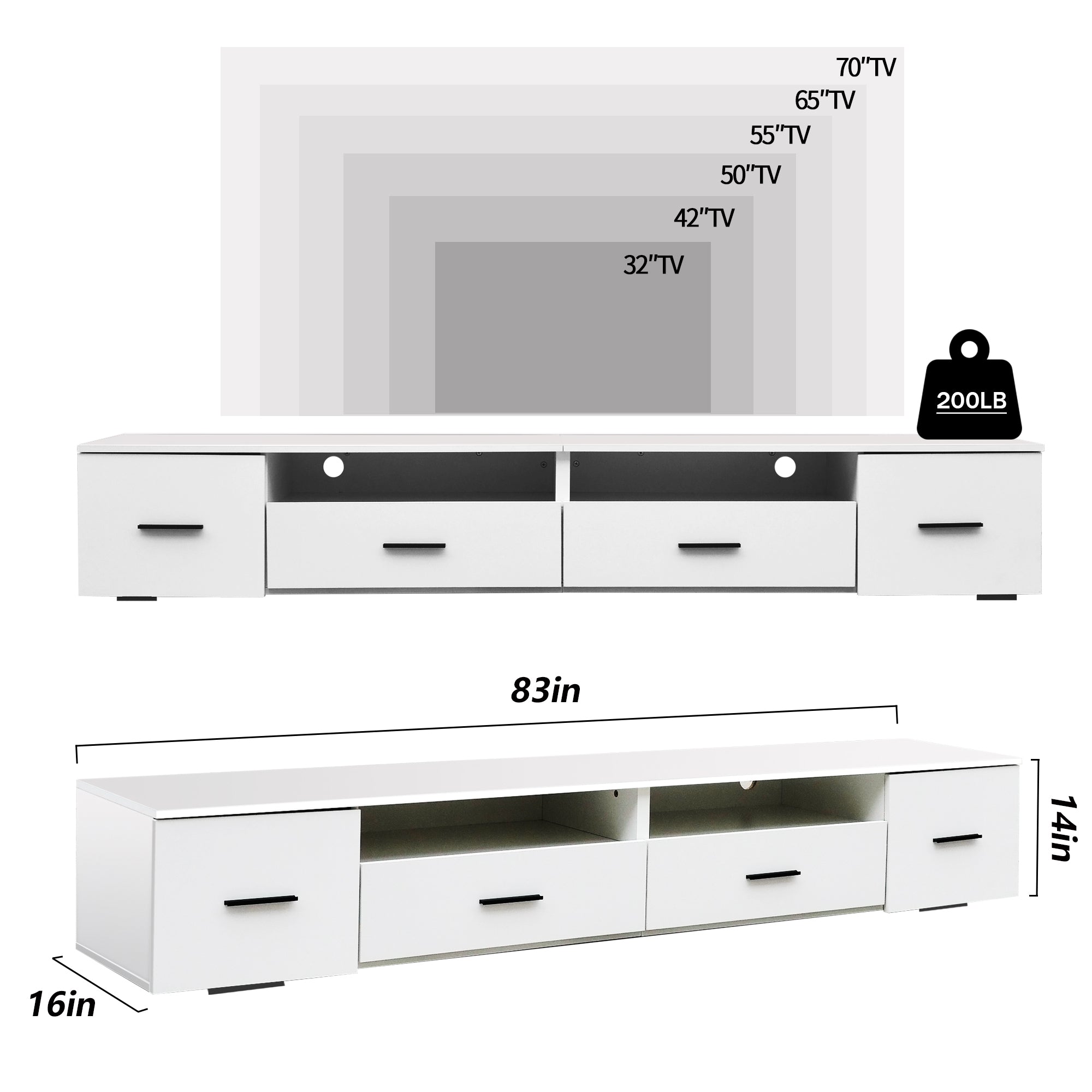 White TV Stand for Living Room, Modern Entertainment white-particle board