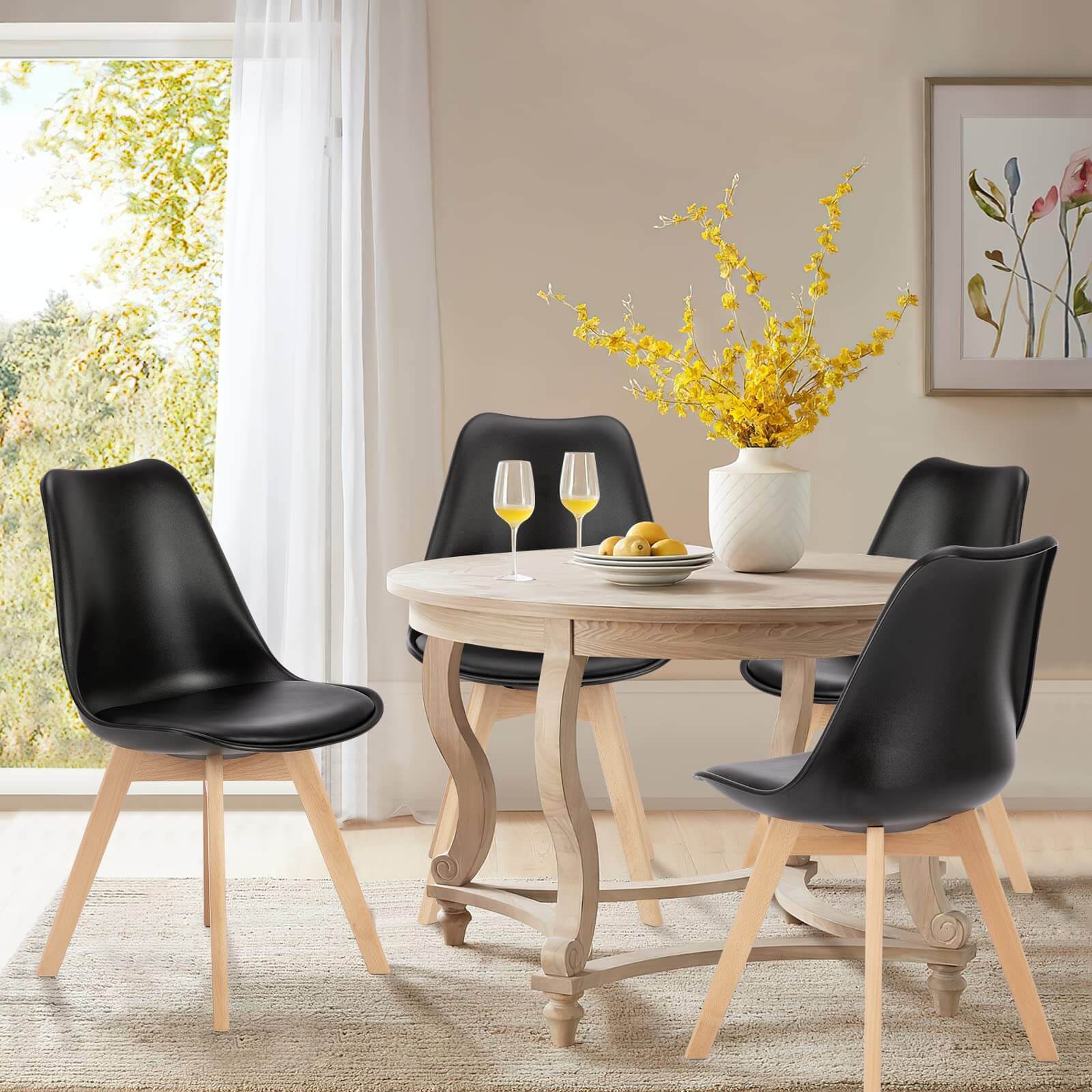 Pu Leather Upholstered Dining Chairs With Wood Legs, Set Of 4 For Kitchen, Black Black Wood