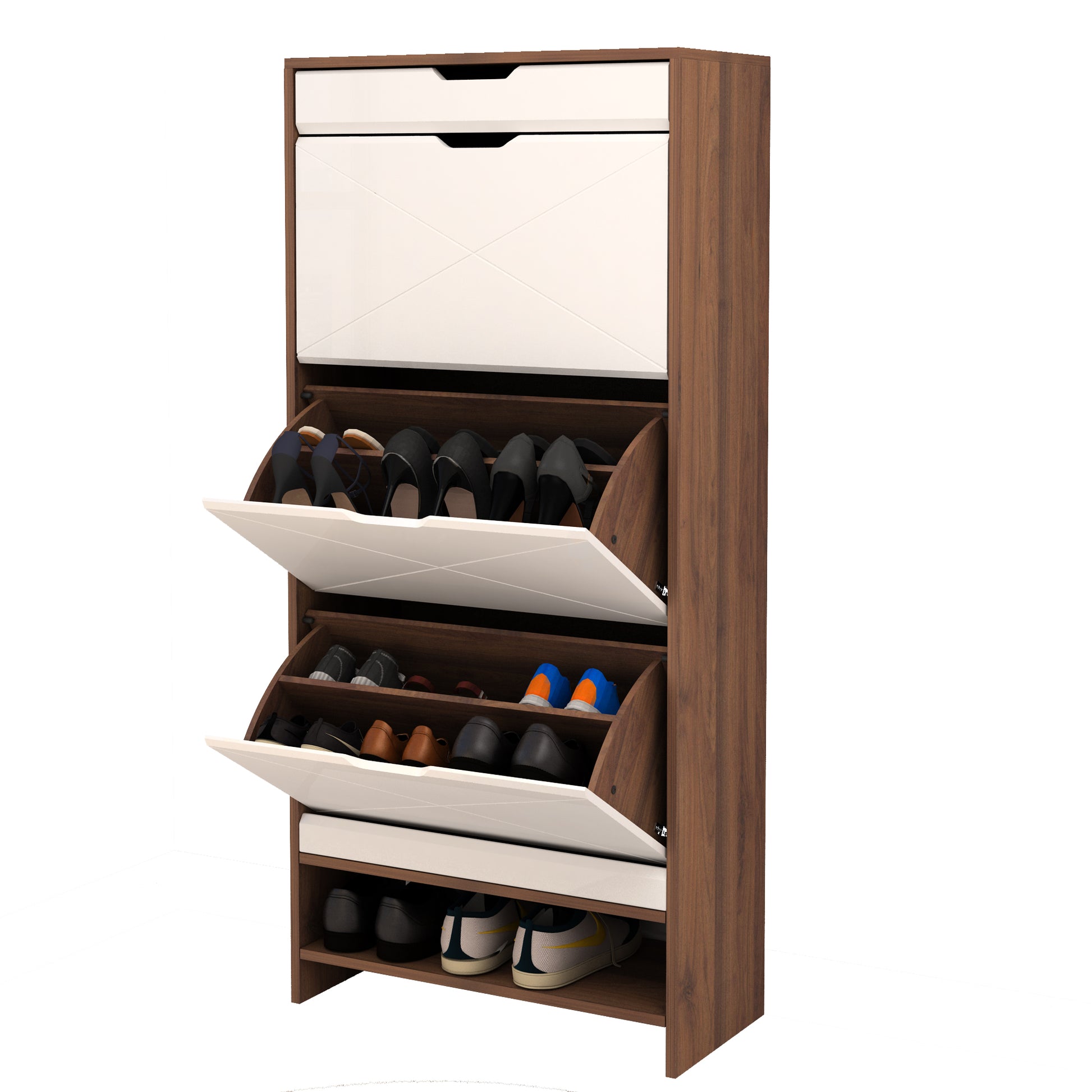 3 Tier Shoe Storage Cabinet With Draders For Entryway,Bedroom,Flip Door Design Shoe Cabinet White Walnut Mdf